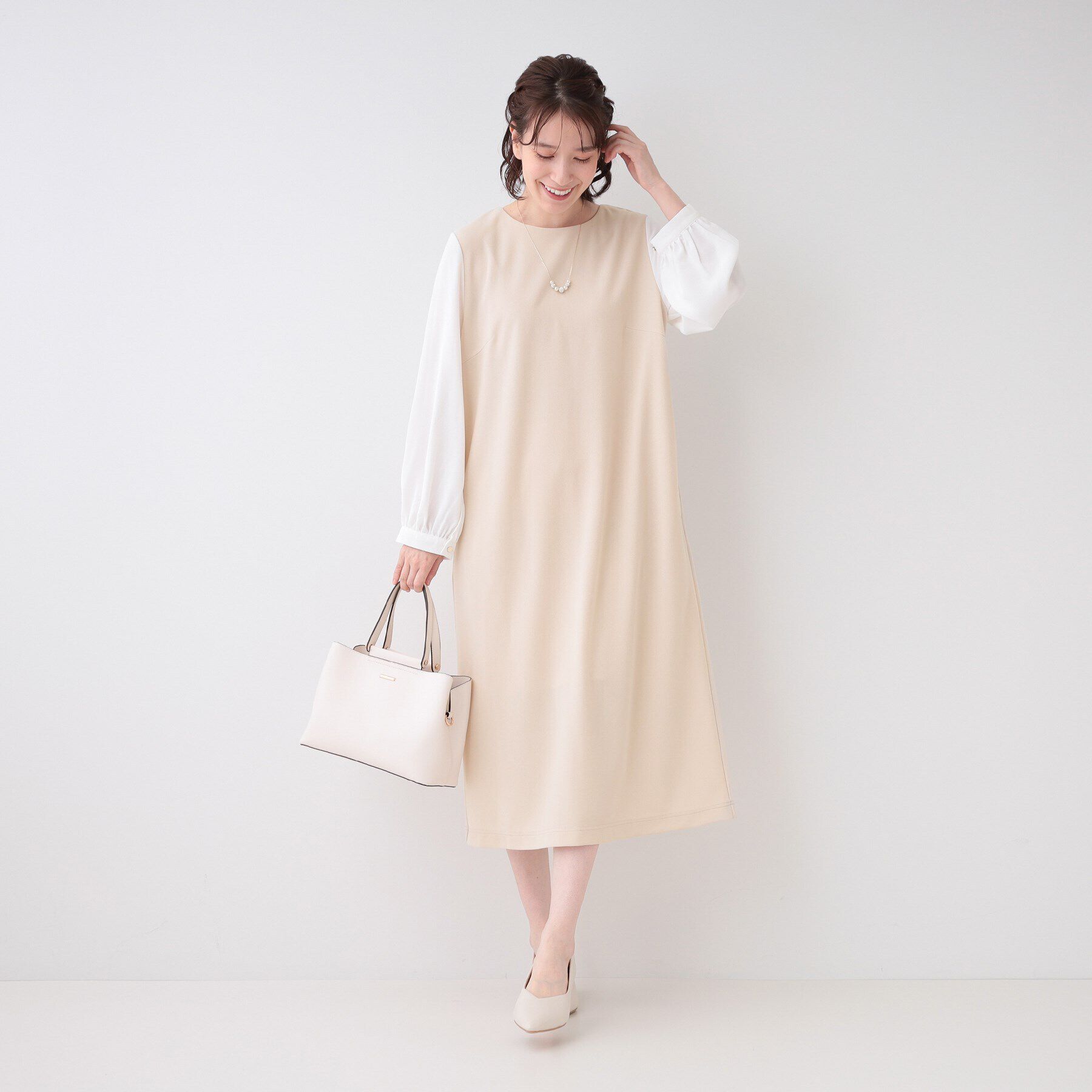 SHOO･LA･RUE「【S-3L/お袖デザイン2WAY】異素材ドッキングワンピース」|ワンピース|