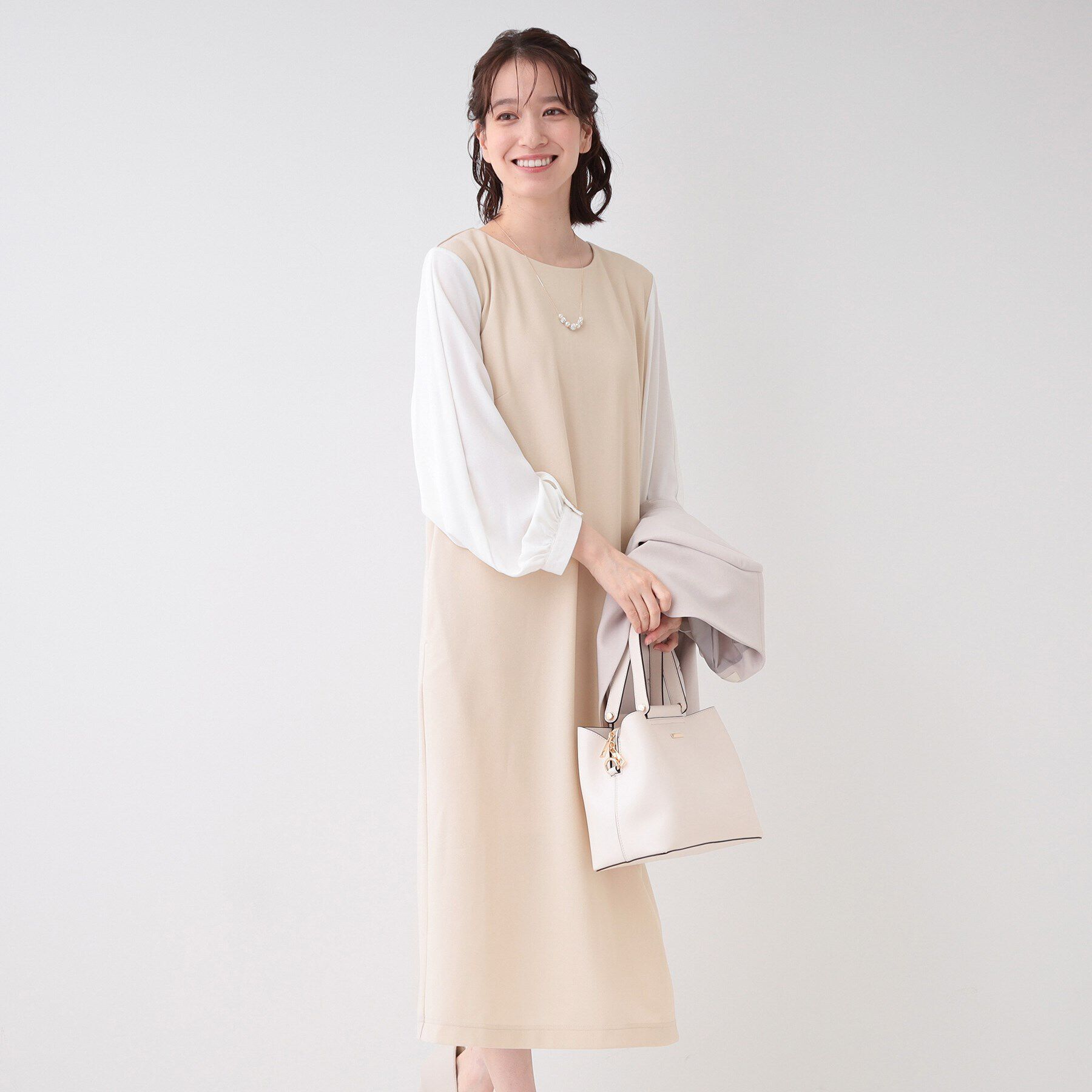 SHOO･LA･RUE「【S-3L/お袖デザイン2WAY】異素材ドッキングワンピース」|ワンピース|グレージュ(050)