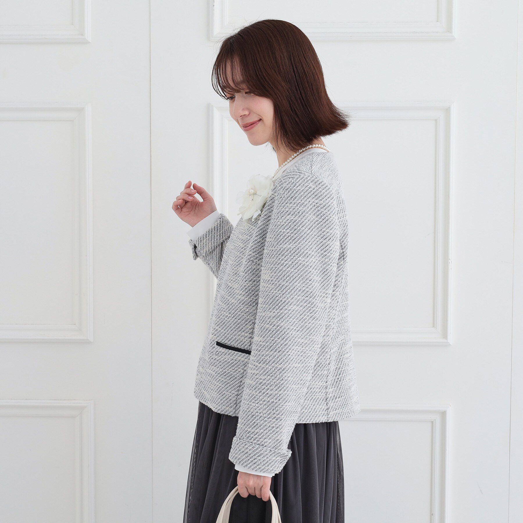 SHOO･LA･RUE「【S-3L】セレモニーからデイリーにも 軽くて柔らかくて着心地の良い カットツイードジャケット」|ノーカラージャケット|