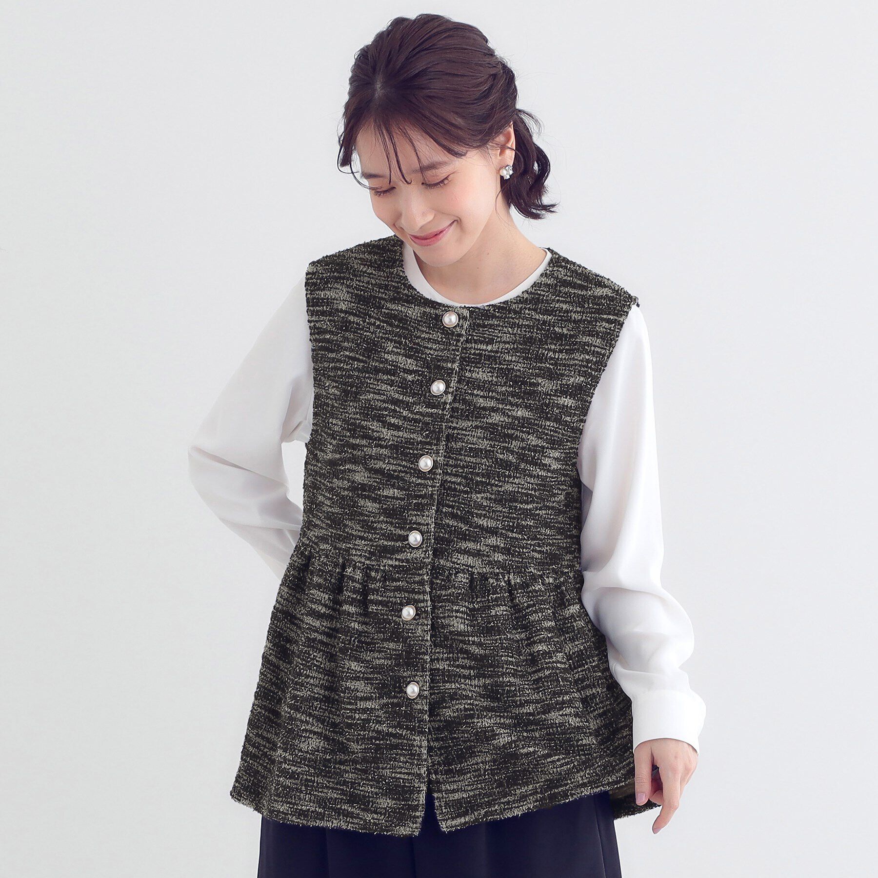 SHOO･LA･RUE「カットツイードペプラムジレ」|ベスト・ジレ|ブラック(419)