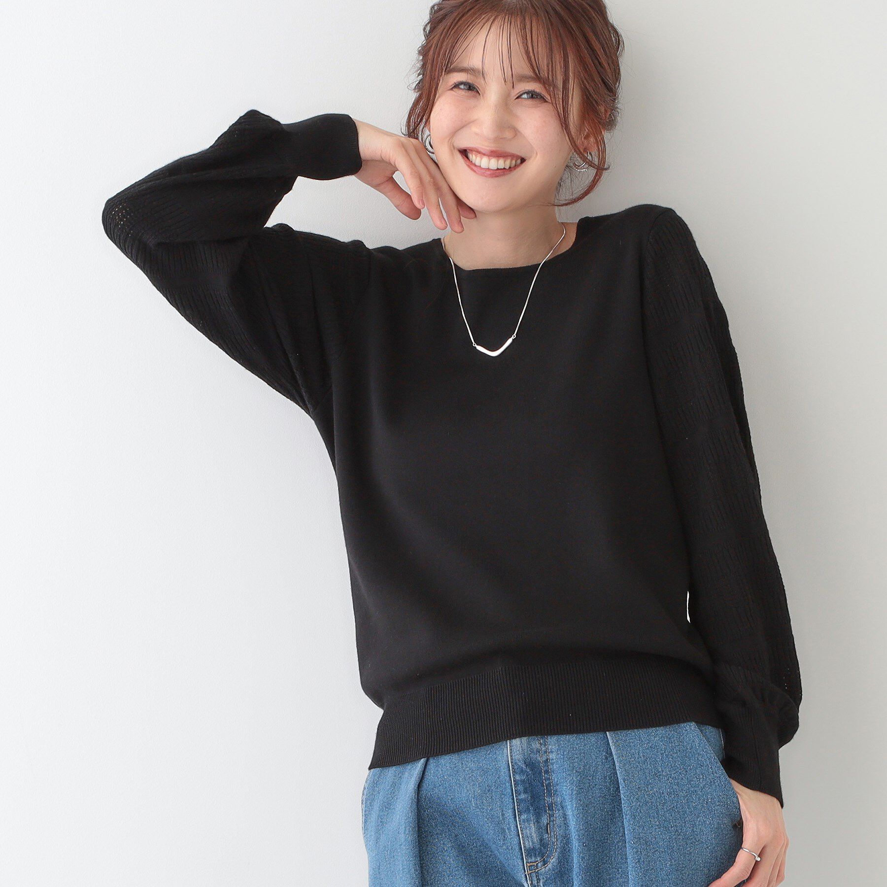 SHOO･LA･RUE「【S-LL】大人の上品コーデに お袖編み地切替 デザインニット」|ニット・セーター|ブラック(019)