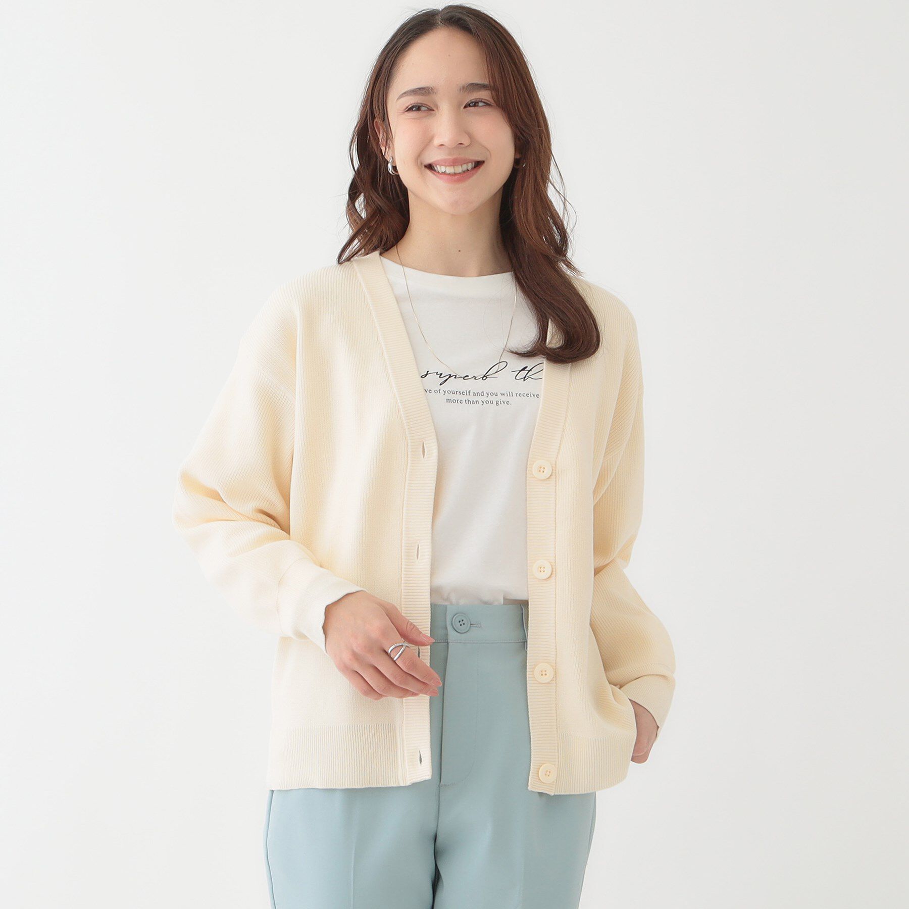 SHOO･LA･RUE「【洗える/S-LL】ドライタッチが心地よい 畦編みVネックカーディガン」|カーディガン|