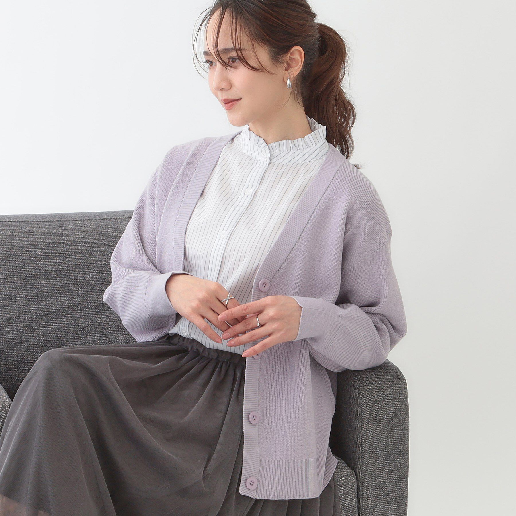 SHOO･LA･RUE「【洗える/S-LL】ドライタッチが心地よい 畦編みVネックカーディガン」|カーディガン|ラベンダー(080)