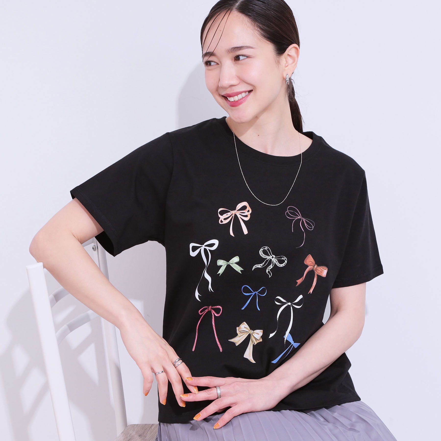 SHOO･LA･RUE「【洗える/S-LL】選べる4柄 プリントアソート ベーシックTシャツ」|Tシャツ・カットソー|ブラック(219)