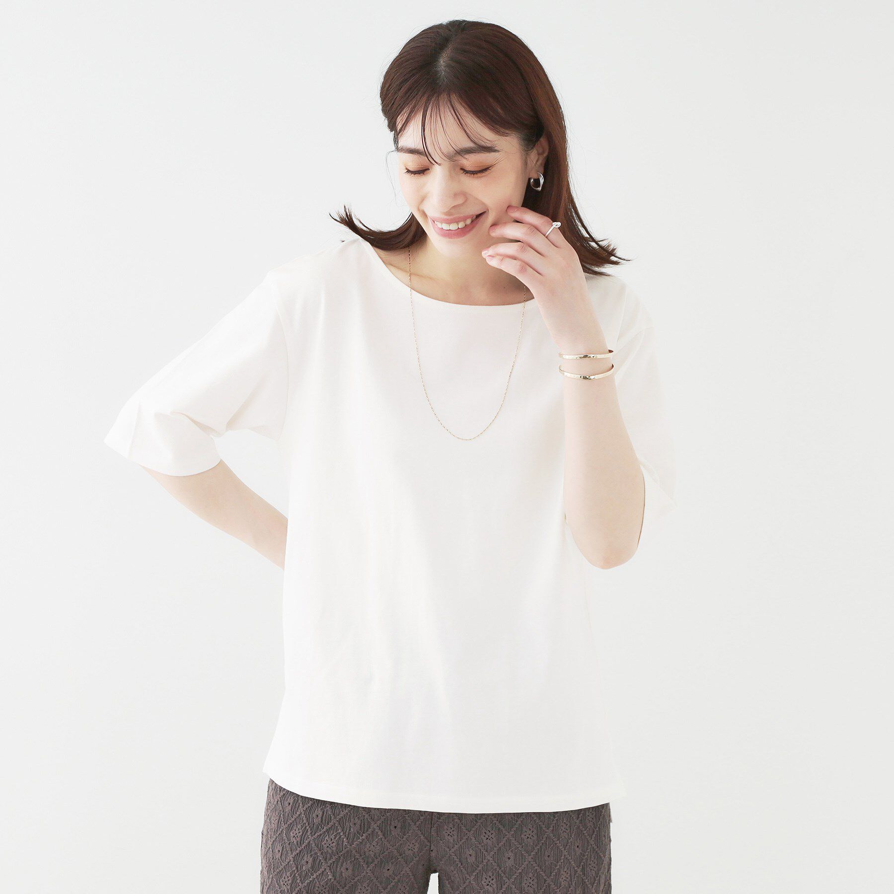 SHOO･LA･RUE「【洗える/S-LL/綿100％】5分袖ボートネックトップス」|Tシャツ・カットソー|