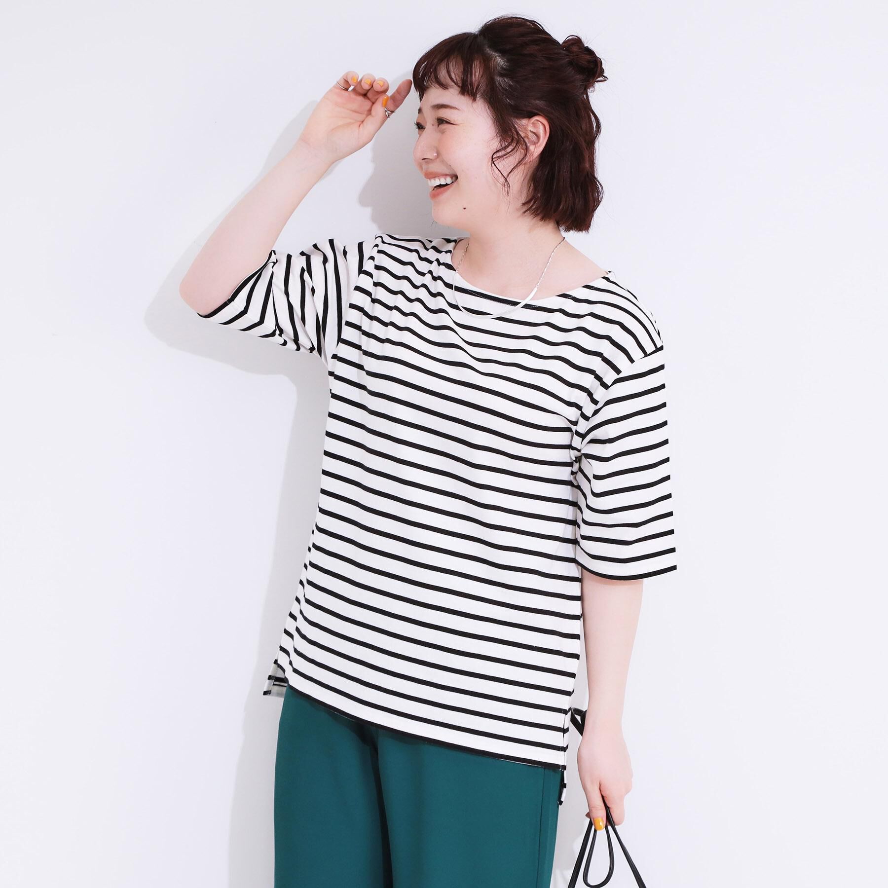 SHOO･LA･RUE「【洗える/S-LL/綿100％】5分袖ボートネックトップス」|Tシャツ・カットソー|