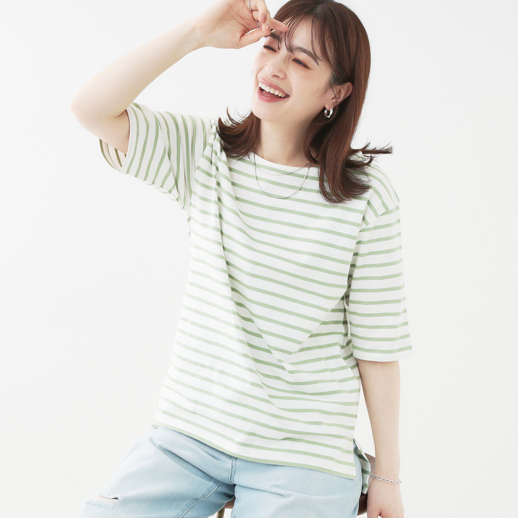 SHOO･LA･RUE「【洗える/S-LL/綿100％】5分袖ボートネックトップス」|Tシャツ・カットソー|ミントグリーン(32