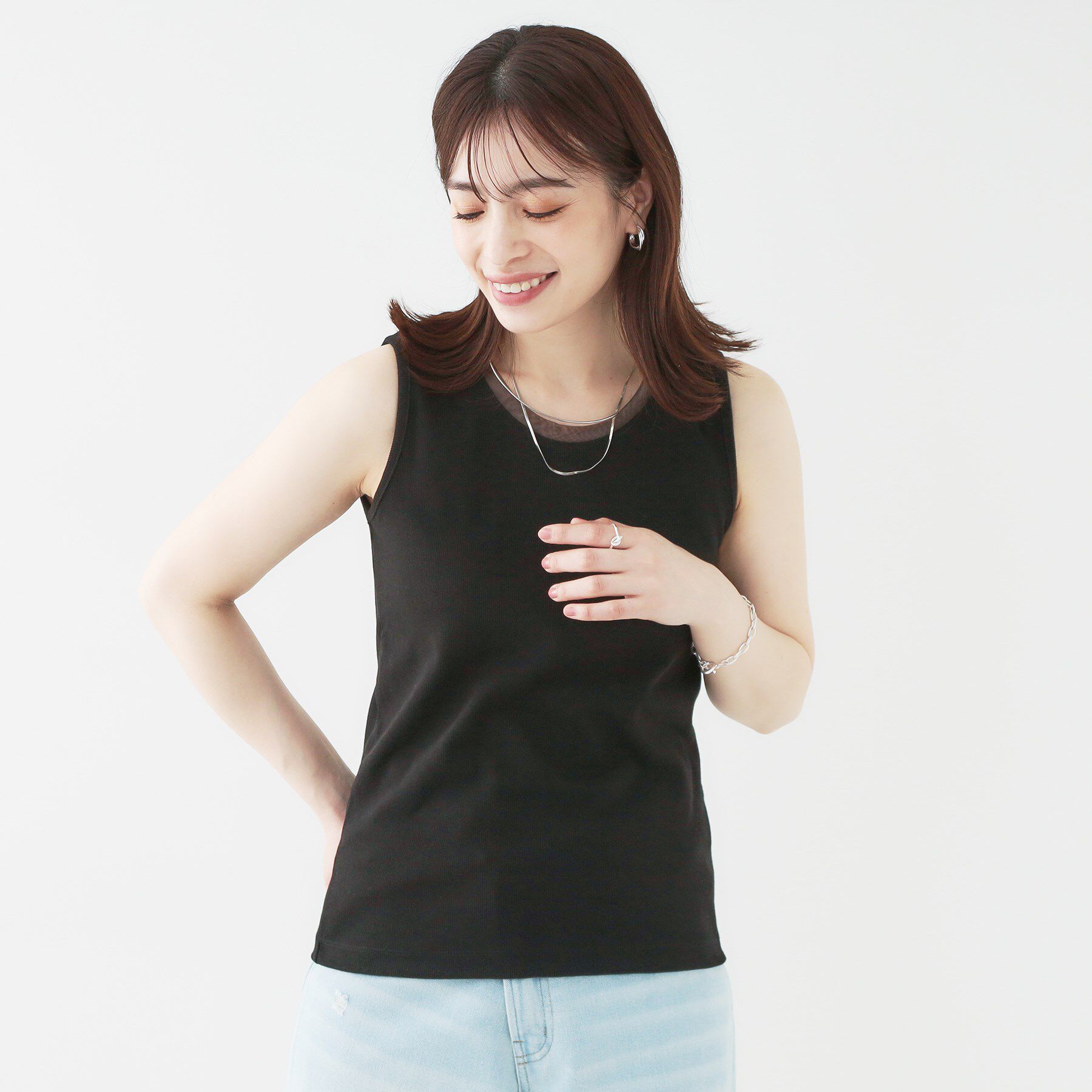 SHOO･LA･RUE「【洗える/S-LL】シアーネックがこなれ見え リブタンクトップ」|Tシャツ・カットソー|