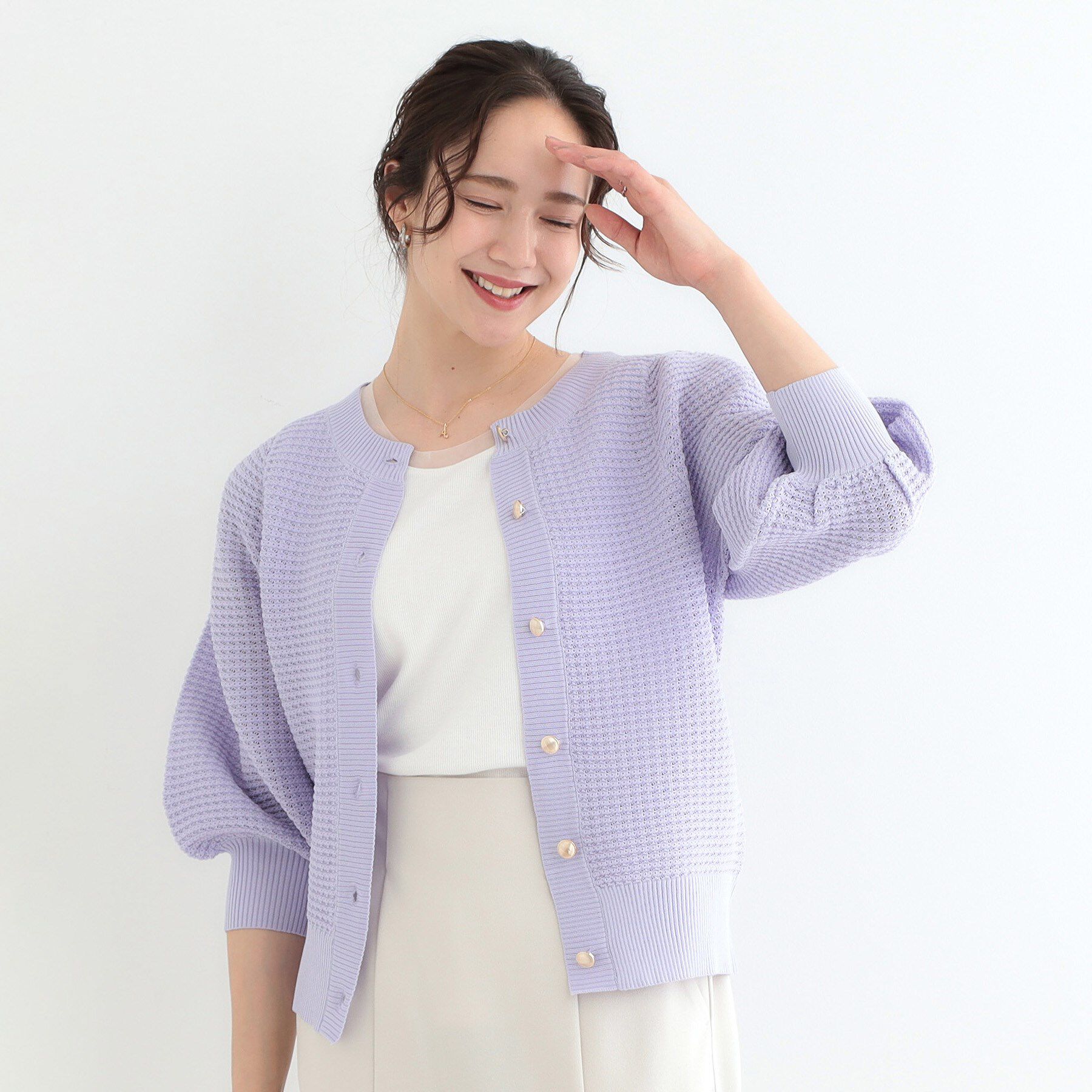 SHOO･LA･RUE「【S-LL】大人フェミニンな着こなしに 透かし編みニットカーディガン」|カーディガン|