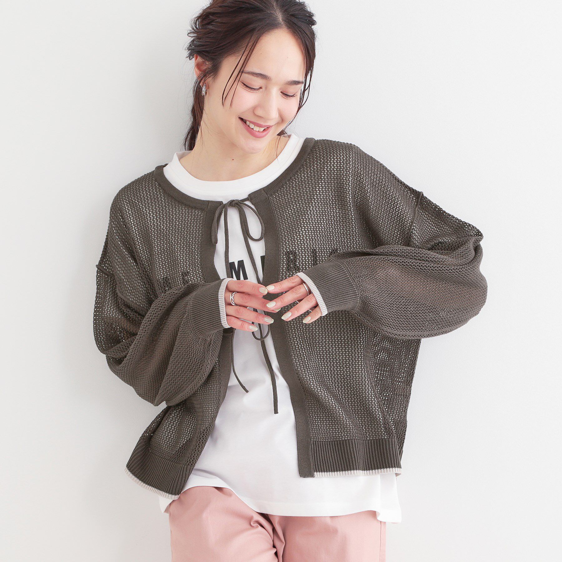 SHOO･LA･RUE「【S-LL/2点セット】前後2WAYで着られるメッシュニット＋ロゴTシャツ」|その他|チャコールグレー(0