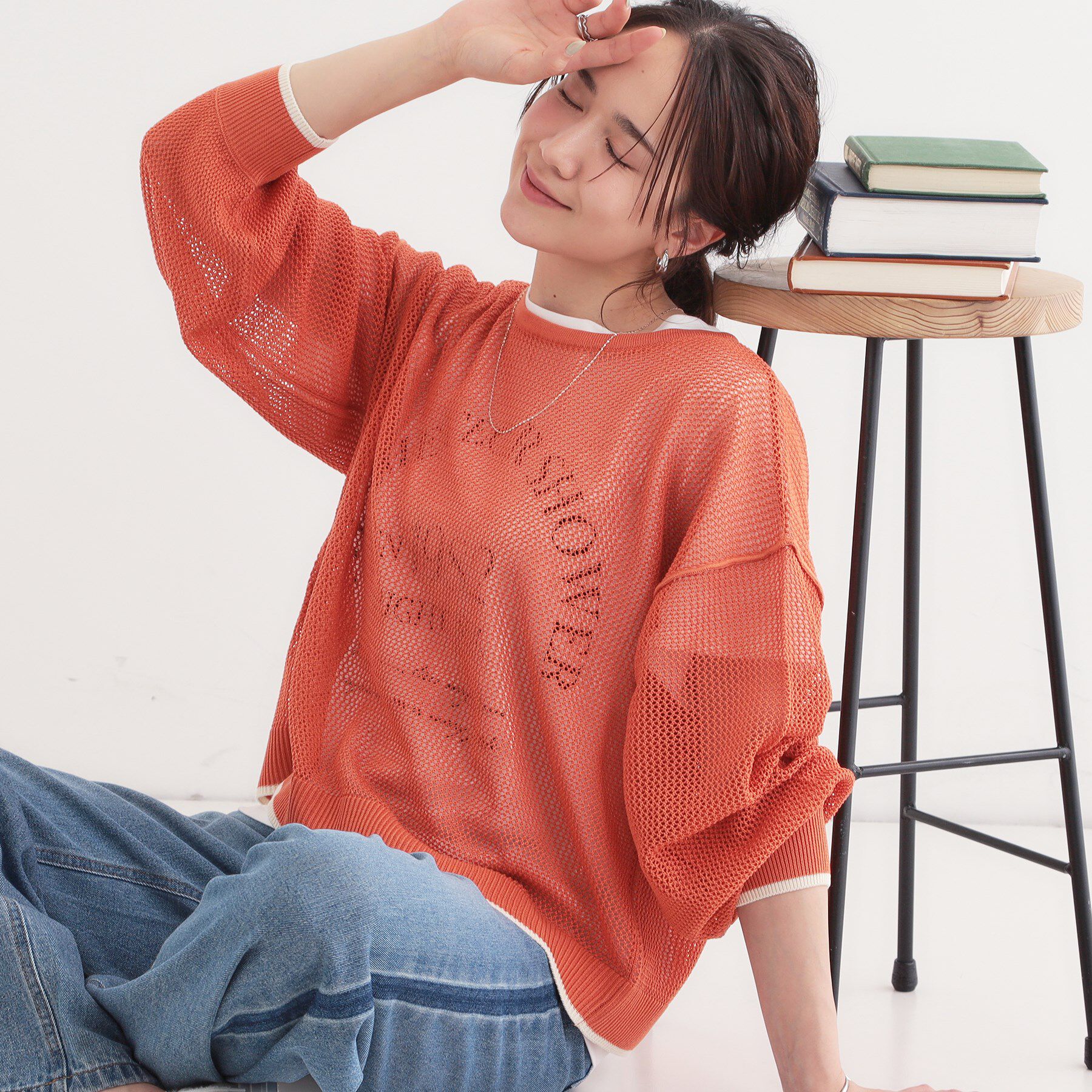 SHOO･LA･RUE「【S-LL/2点セット】前後2WAYで着られるメッシュニット＋ロゴTシャツ」|その他|オレンジ(067)