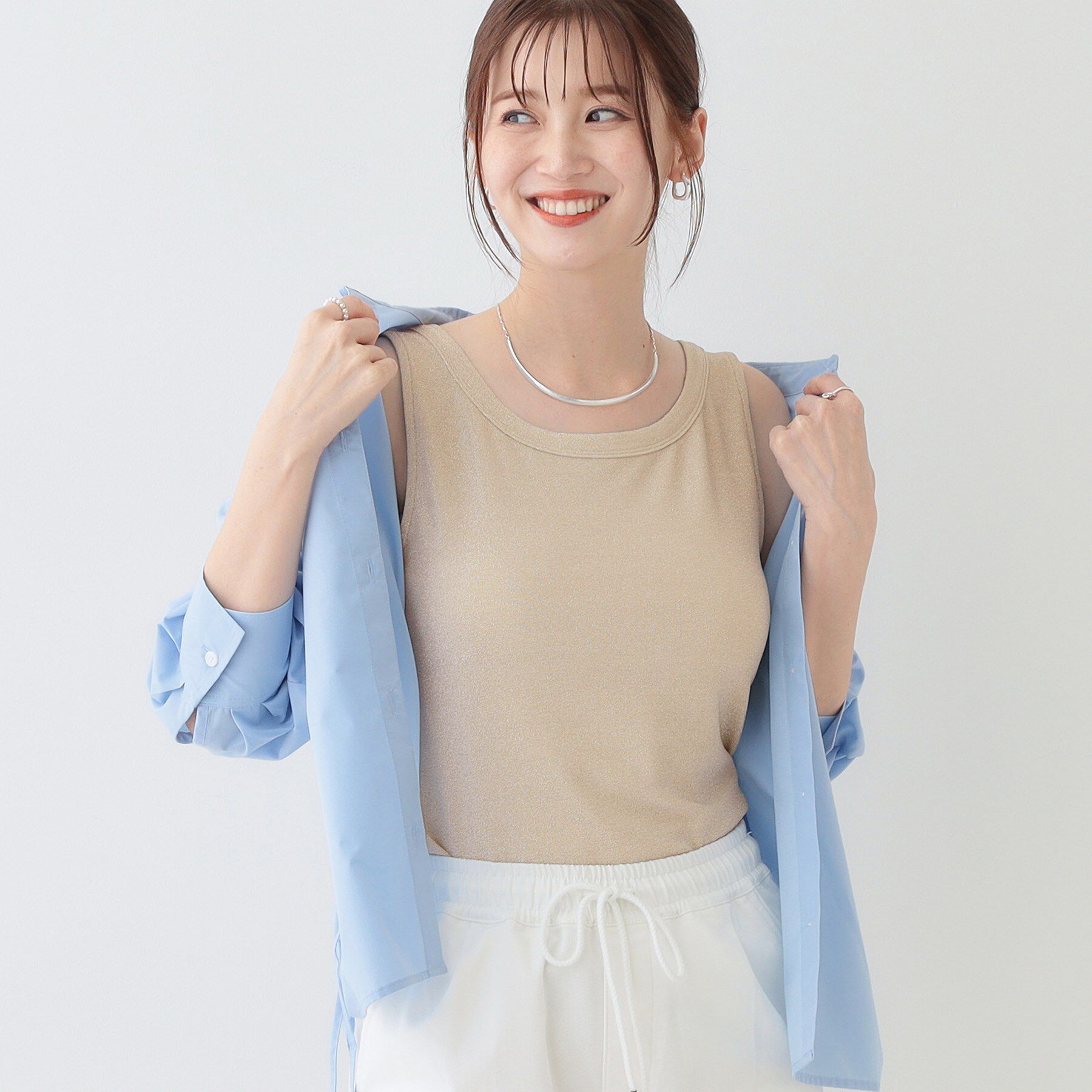 SHOO･LA･RUE「【高レビュー/S-LL】大人ヘルシーなスタイルに ラメタンクトップ」|キャミソール|ゴールド(007)