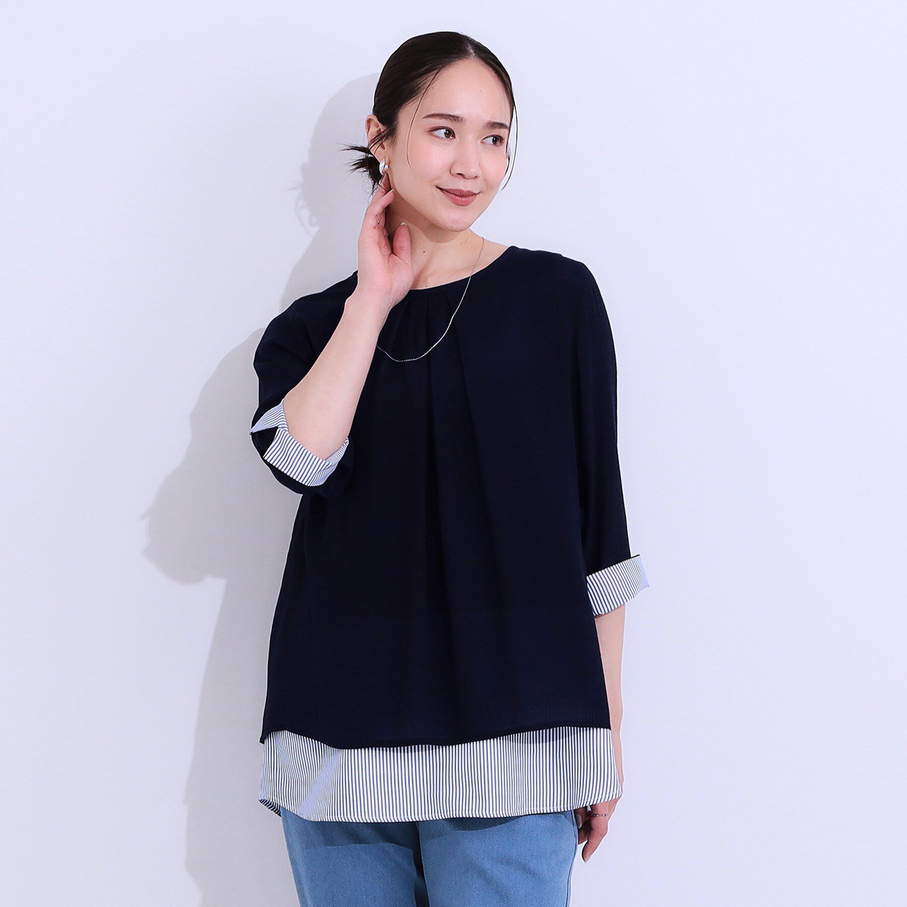 SHOO･LA･RUE「【洗える/S-LL】一枚でサマ見え お袖折り返し 裾レイヤードトップス」|Tシャツ・カットソー|