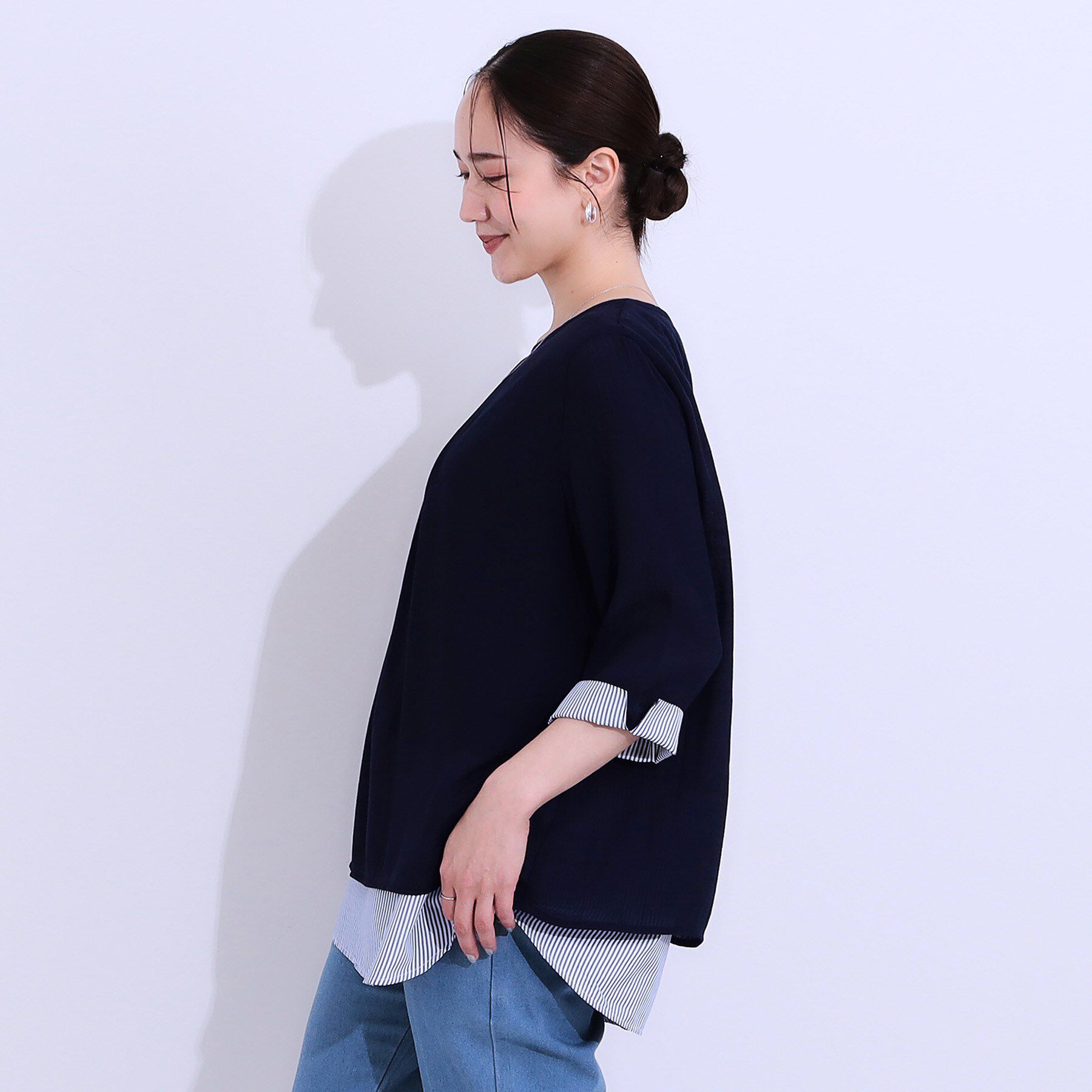 SHOO･LA･RUE「【洗える/S-LL】一枚でサマ見え お袖折り返し 裾レイヤードトップス」|Tシャツ・カットソー|