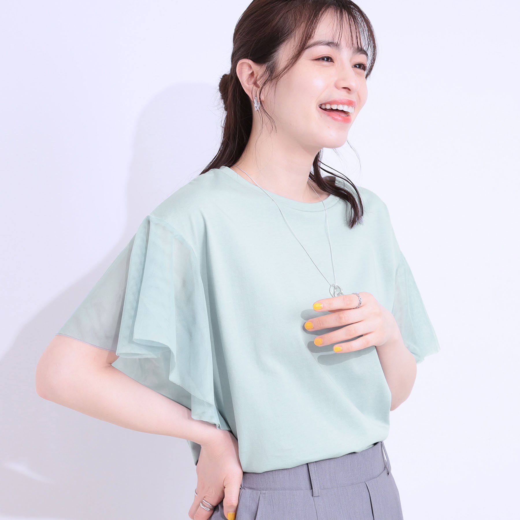 SHOO･LA･RUE「【S-LL/ひんやり】大人フェミニンに お袖チュール フリルトップス」|Tシャツ・カットソー|ブルー(091)