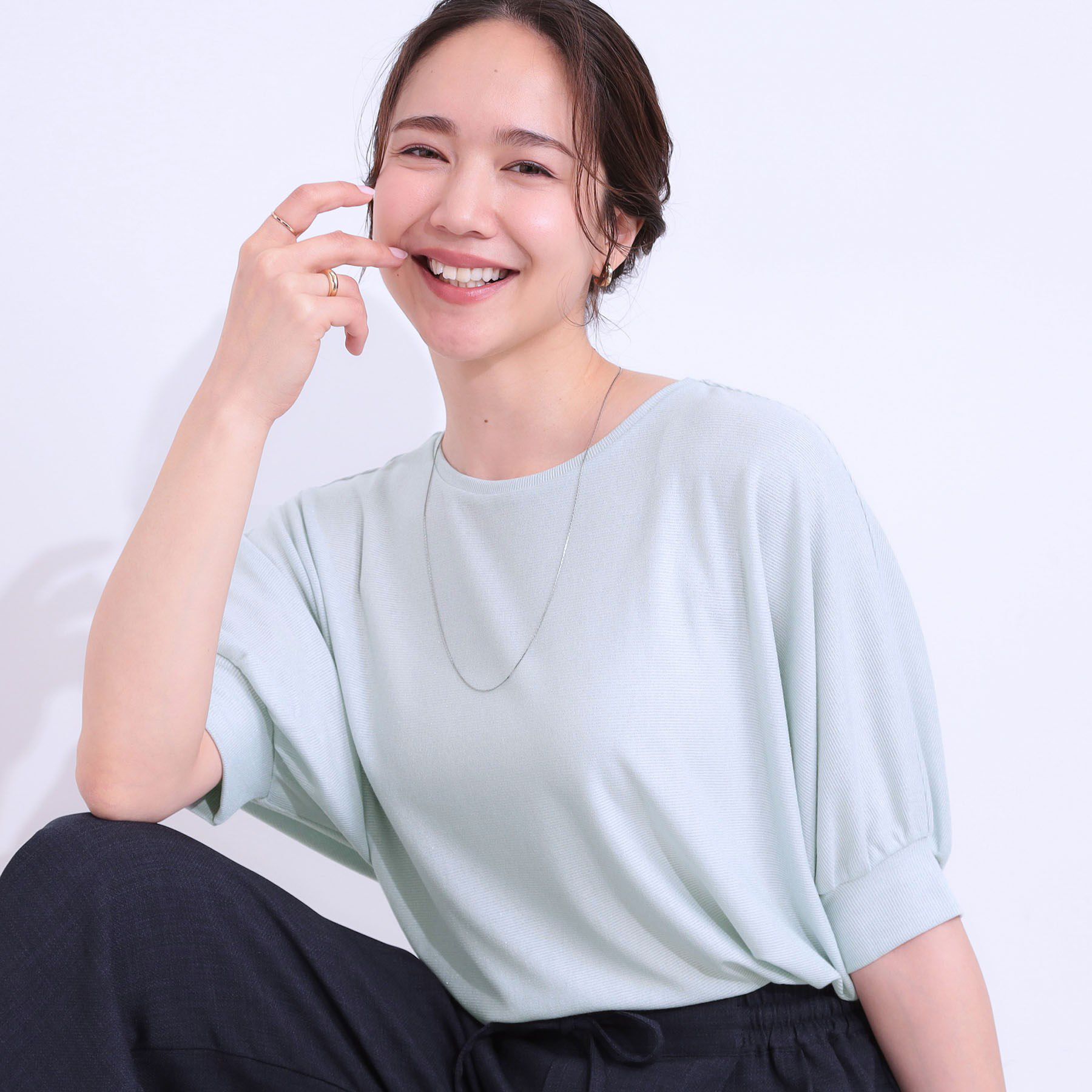 SHOO･LA･RUE「【ひんやり/UV】ほんのりラメで大人上品 お袖リブ ドルマントップス」|Tシャツ・カットソー|サックスブルー(09
