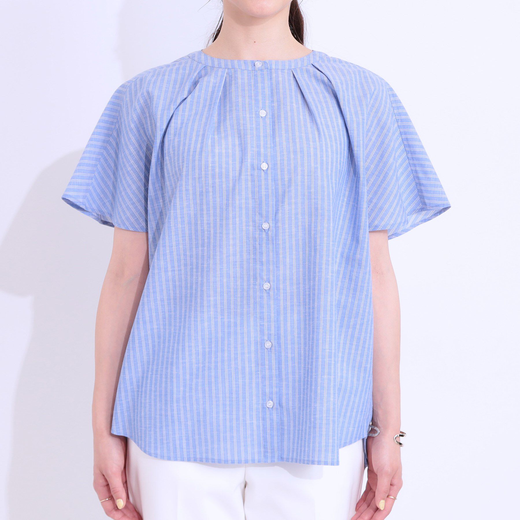 SHOO･LA･RUE「【洗える/S-LL/UV/吸水速乾】洗濯後しわになりにくいリネンブレンド前あきシャツ」|シャツ・ブラウス|