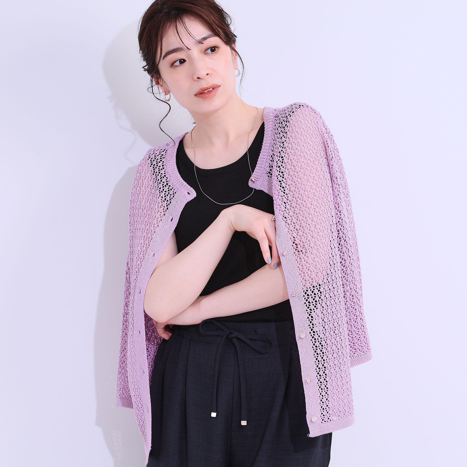 SHOO･LA･RUE「【S-LL/2WAY】ラメが華やか 透かしニットカーディガン」|カーディガン|ラベンダー(080)