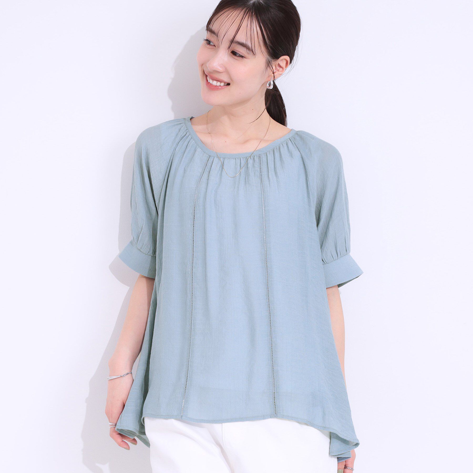 SHOO･LA･RUE「【S-LL/2点セット】インせず着られる はしごレース5分袖ブラウス」|シャツ・ブラウス|ブルー(091)