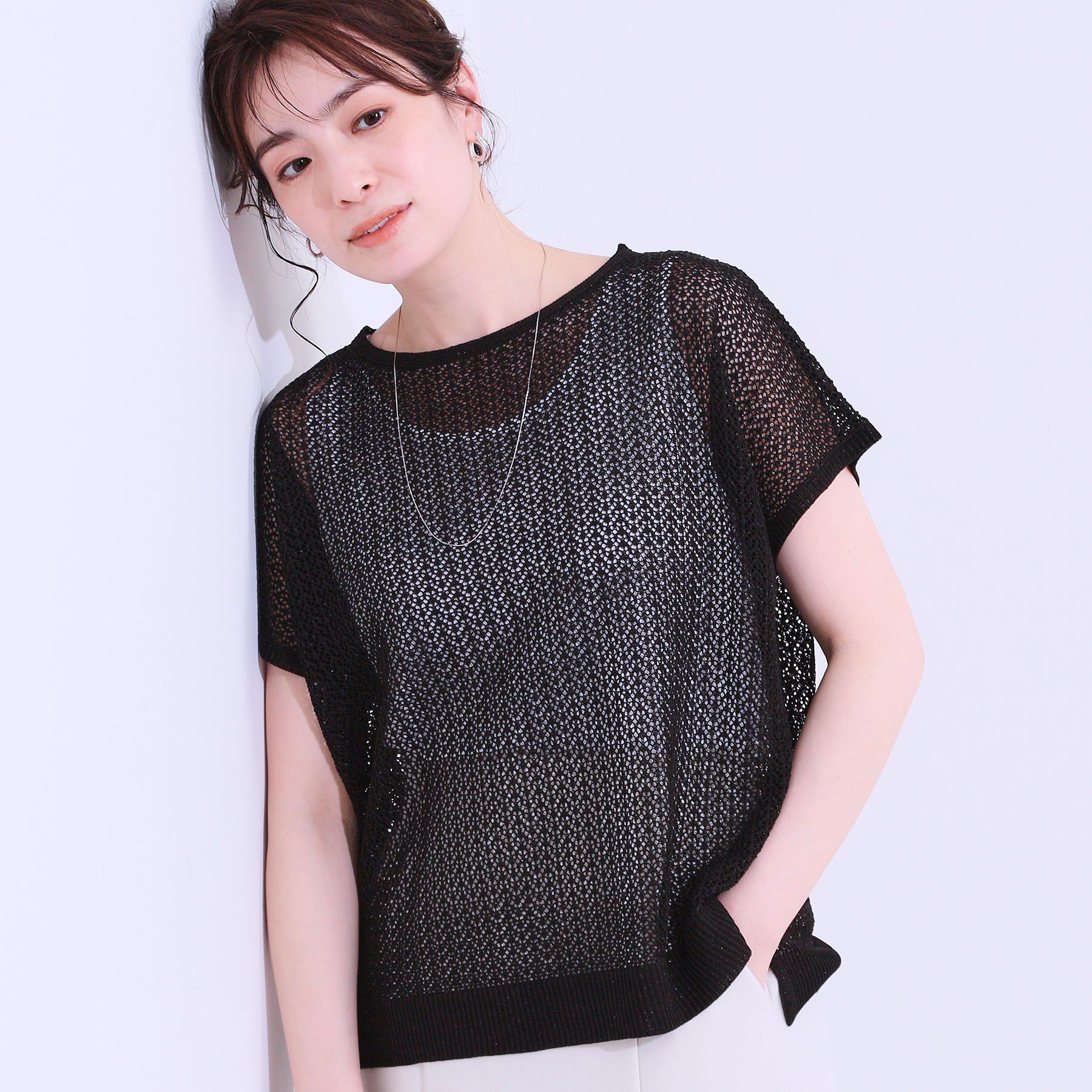 SHOO･LA･RUE「【S-LL/2点セット】程よいラメが上品 透かしニット＋タンクトップ」|ニット・セーター|ブラック(019)