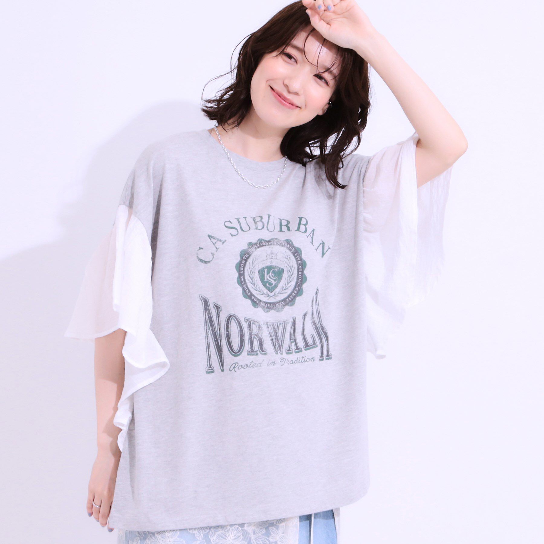 SHOO･LA･RUE「【S-LL】リメイク風 ポンチョデザインTシャツ」|Tシャツ・カットソー|ライトグレー(011