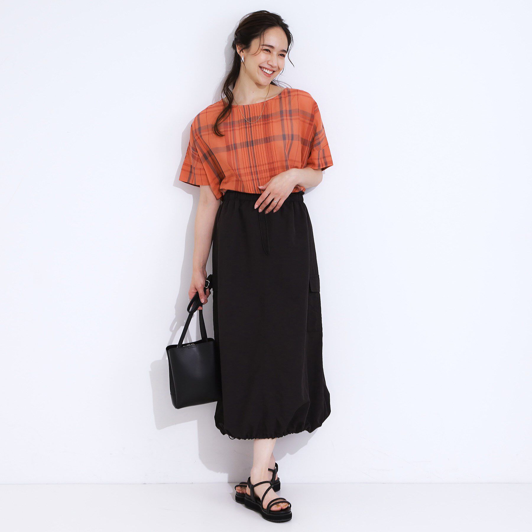 SHOO･LA･RUE「【S-LL/体型カバー】インせず着られる ポンチョシルエット シアーチェックブラウス」|シャツ・ブラウス|