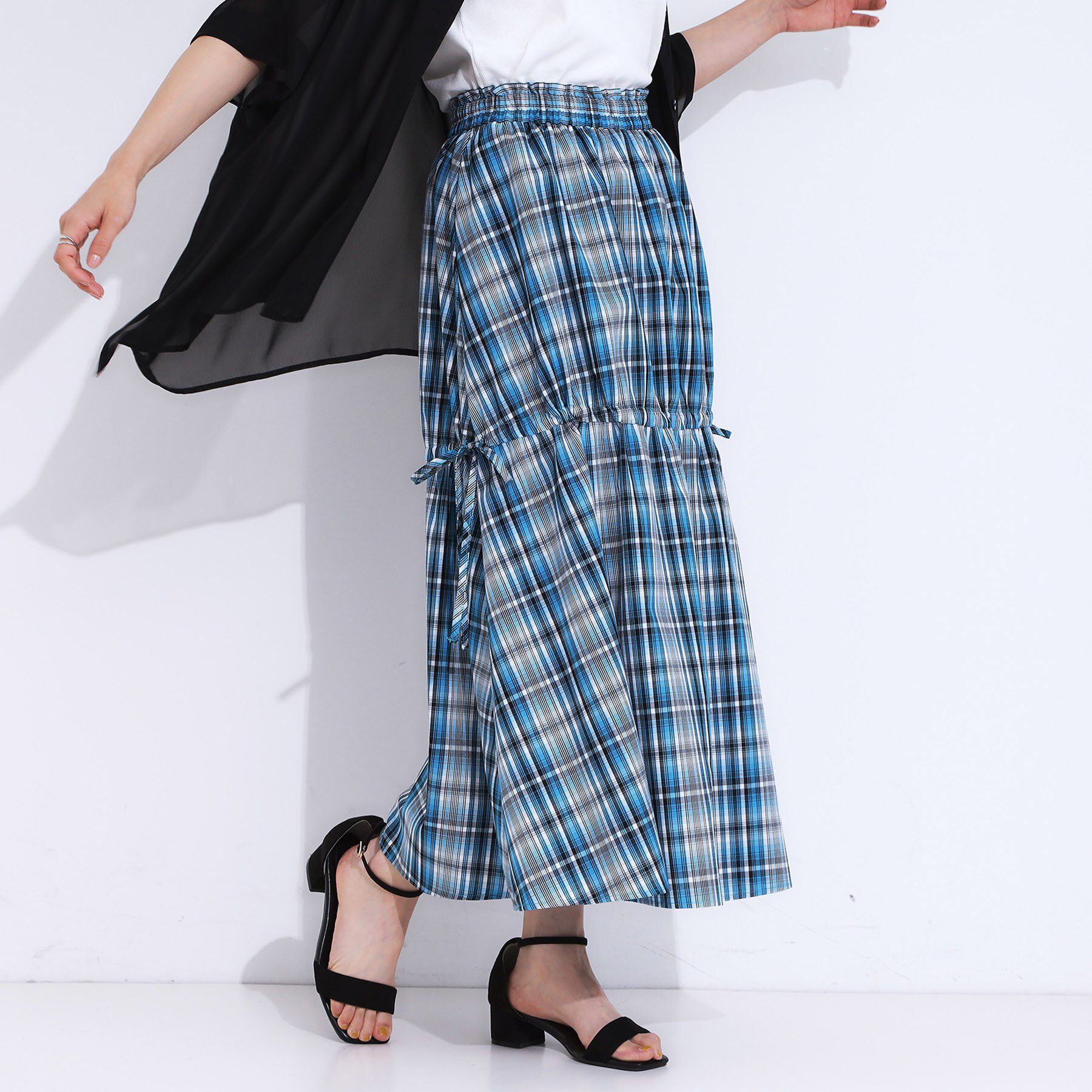 SHOO･LA･RUE「【S-LL】シルエットが変えられる チェック柄リボンフレアスカート」|スカート|