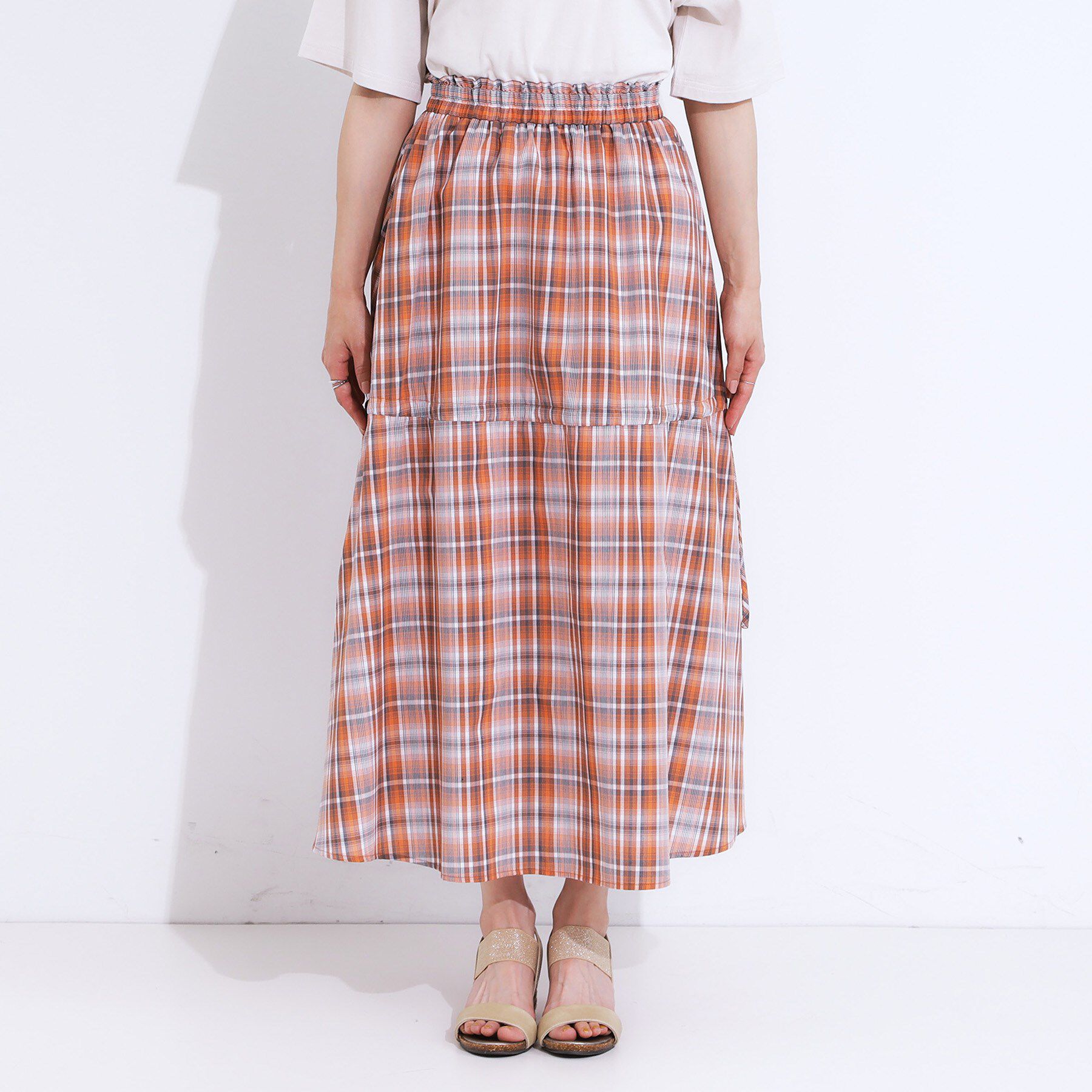 SHOO･LA･RUE「【S-LL】シルエットが変えられる チェック柄リボンフレアスカート」|スカート|