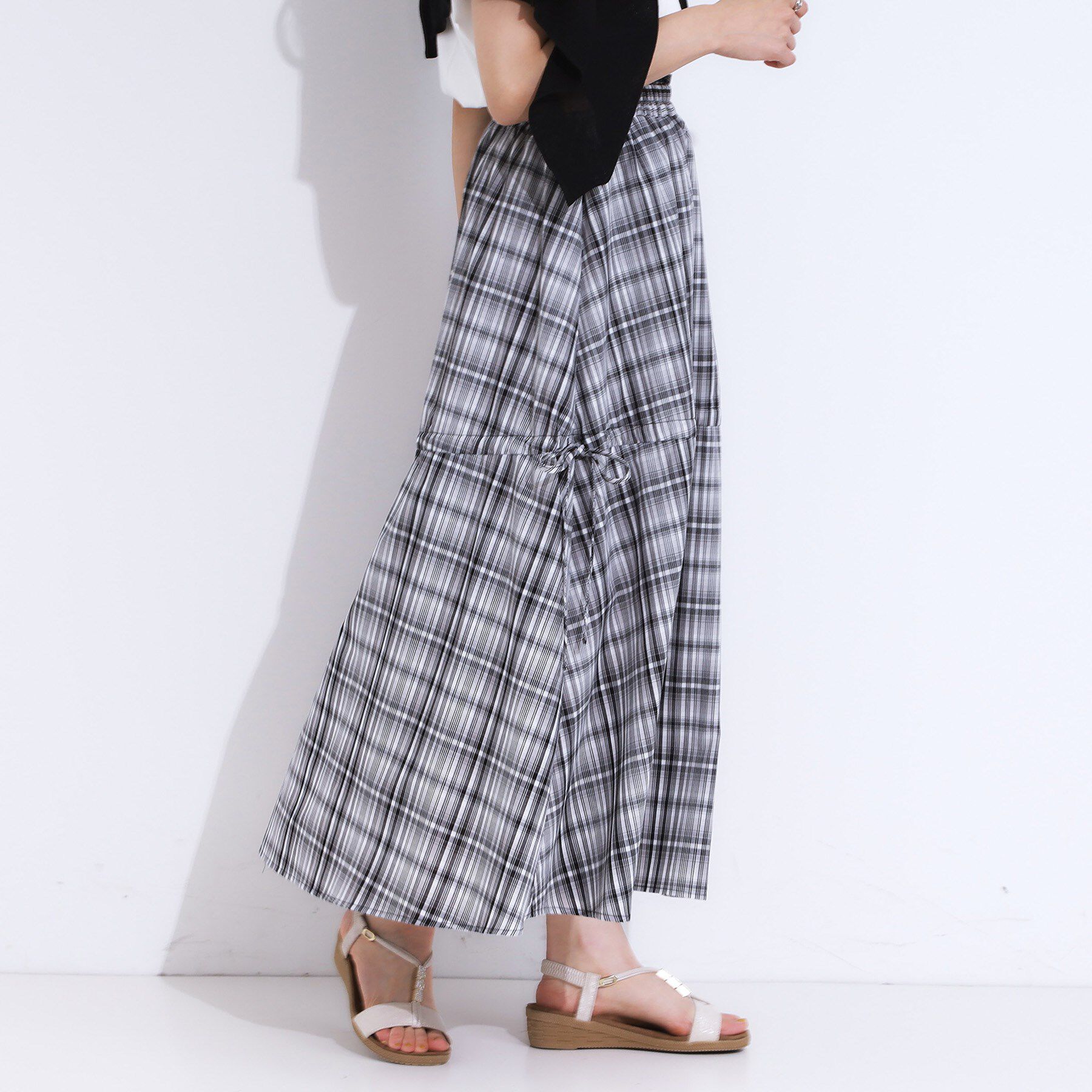 SHOO･LA･RUE「【S-LL】シルエットが変えられる チェック柄リボンフレアスカート」|スカート|