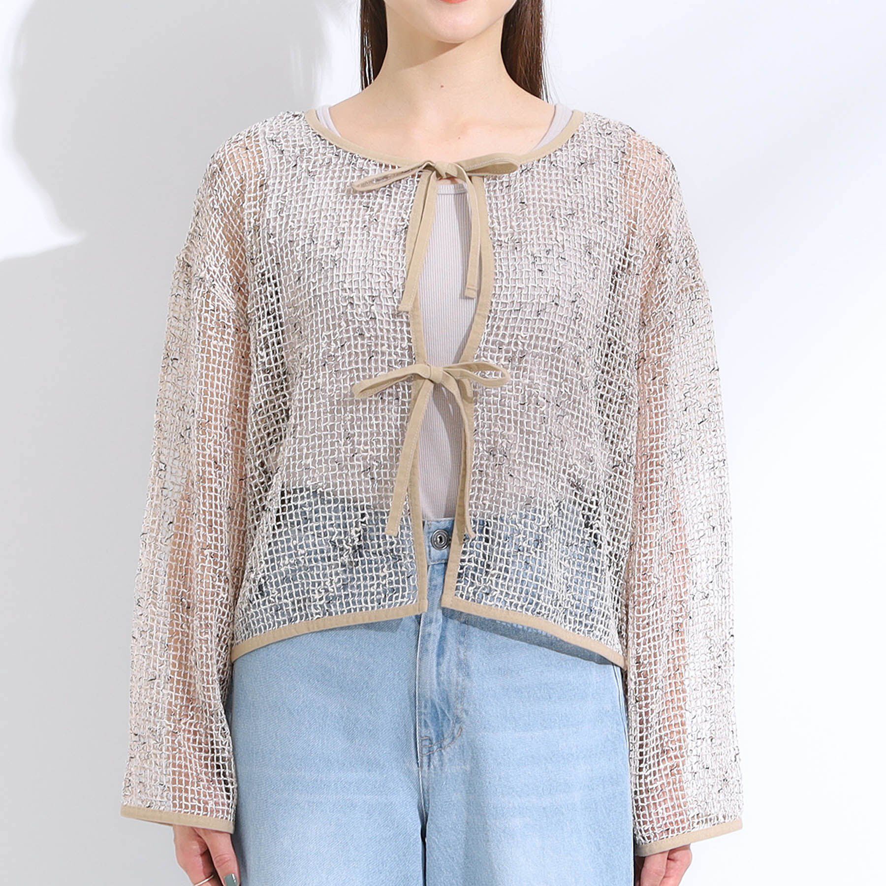 SHOO･LA･RUE「【前後2WAY】夏でもさらりと羽織れる メッシュリボンカーディガン」|カーディガン|