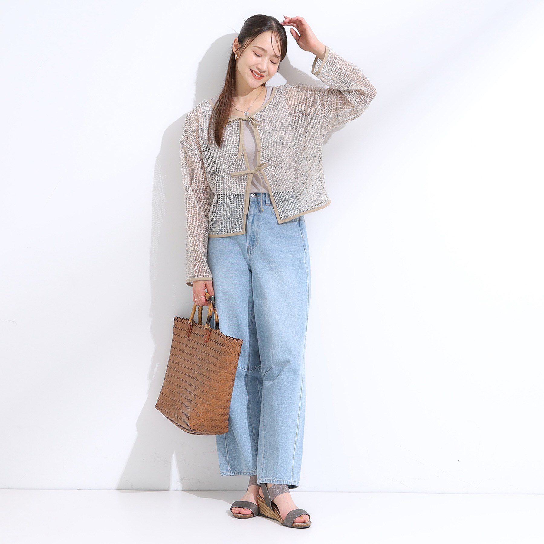 SHOO･LA･RUE「【前後2WAY】夏でもさらりと羽織れる メッシュリボンカーディガン」|カーディガン|