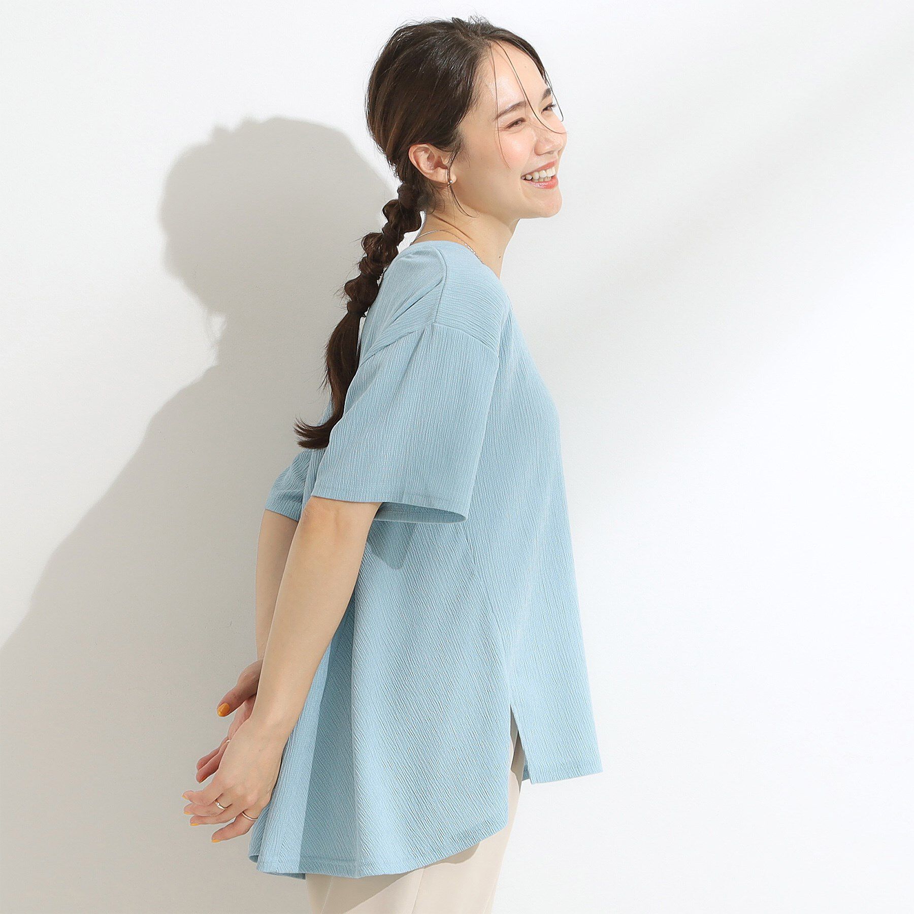 SHOO･LA･RUE「【S-LL/洗える/体型カバー/5分袖】涼しくきれいに決まる Aライントップス」|Tシャツ・カットソー|