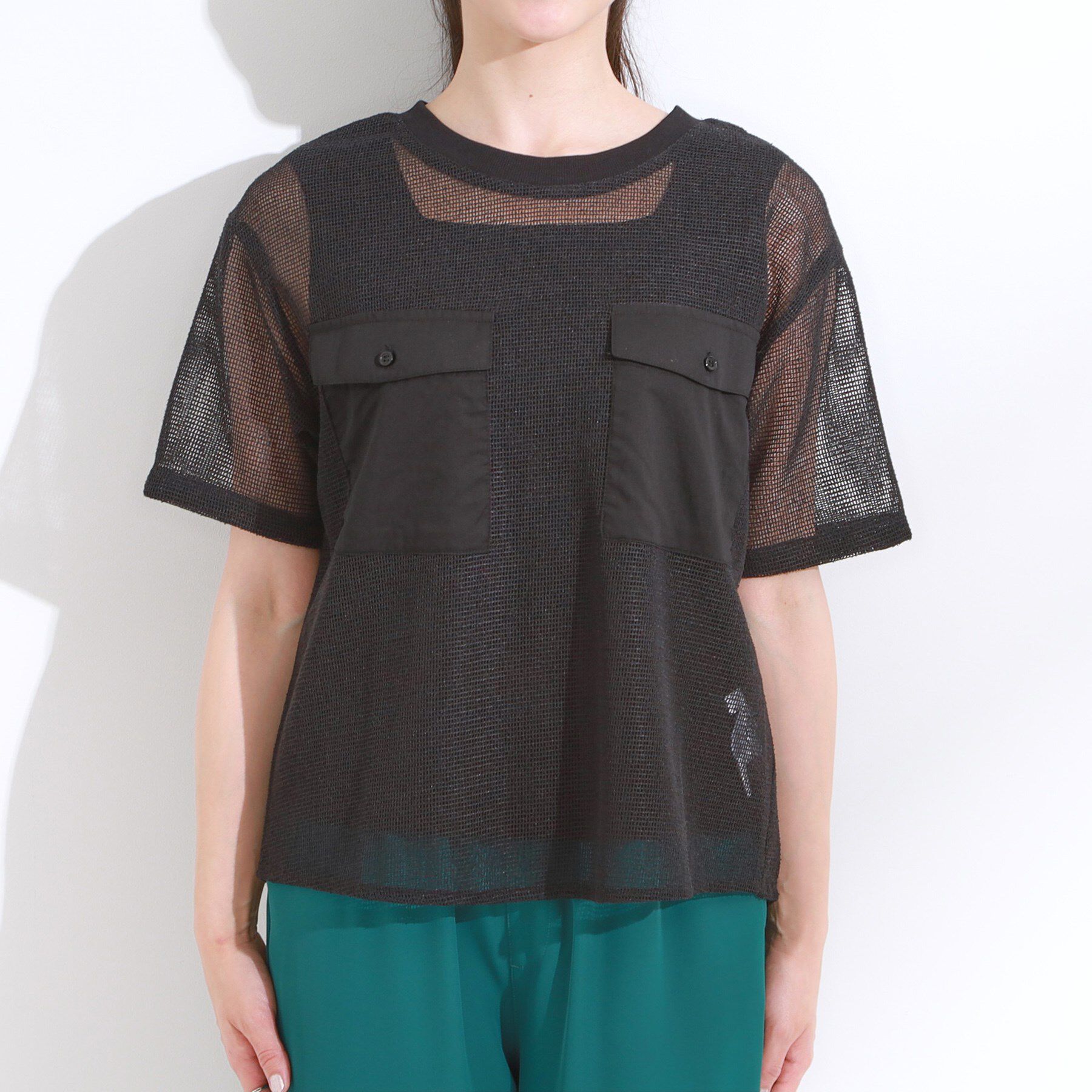 SHOO･LA･RUE「【S-LL】メッシュ素材で大人ヘルシー ポケット付きデザイントップス」|Tシャツ・カットソー|