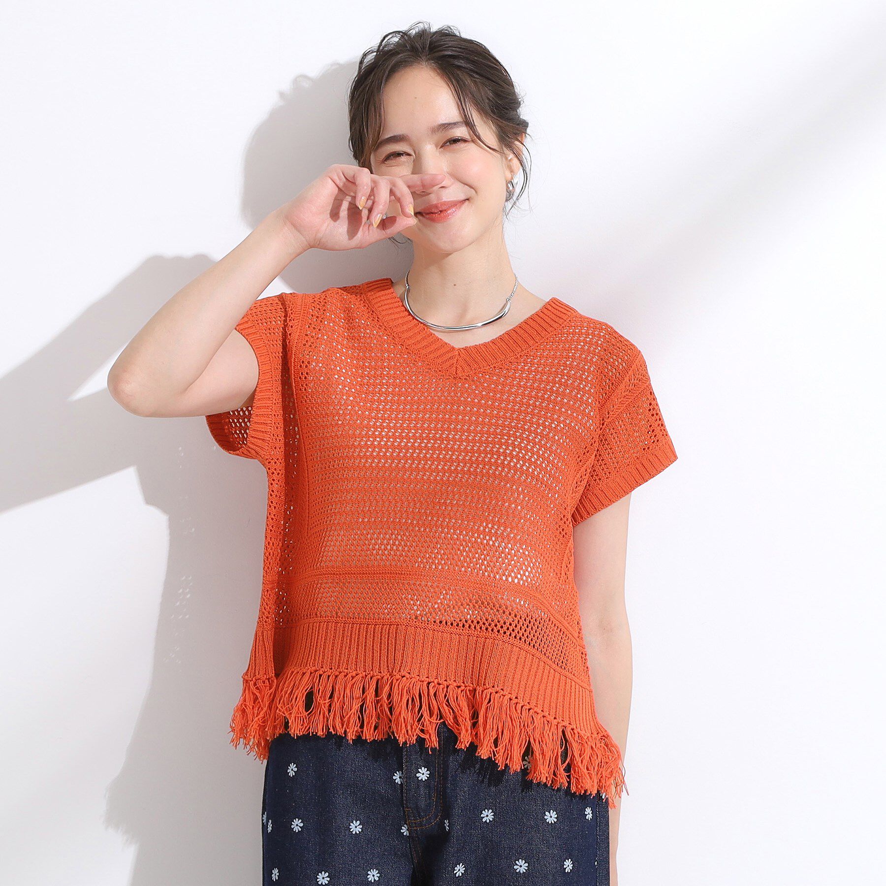 SHOO･LA･RUE「【S-LL】裾フリンジマクラメVネックニット」|ニット・セーター|