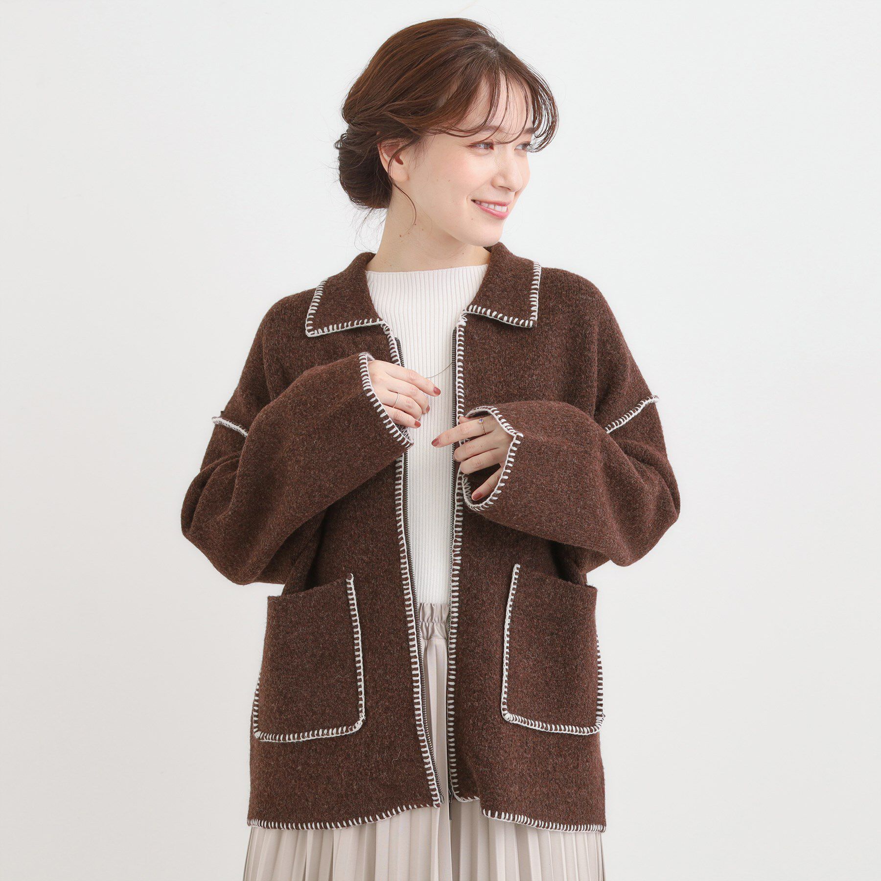 SHOO･LA･RUE「配色ステッチがポイント 襟付きジップニットカーディガン」|カーディガン|