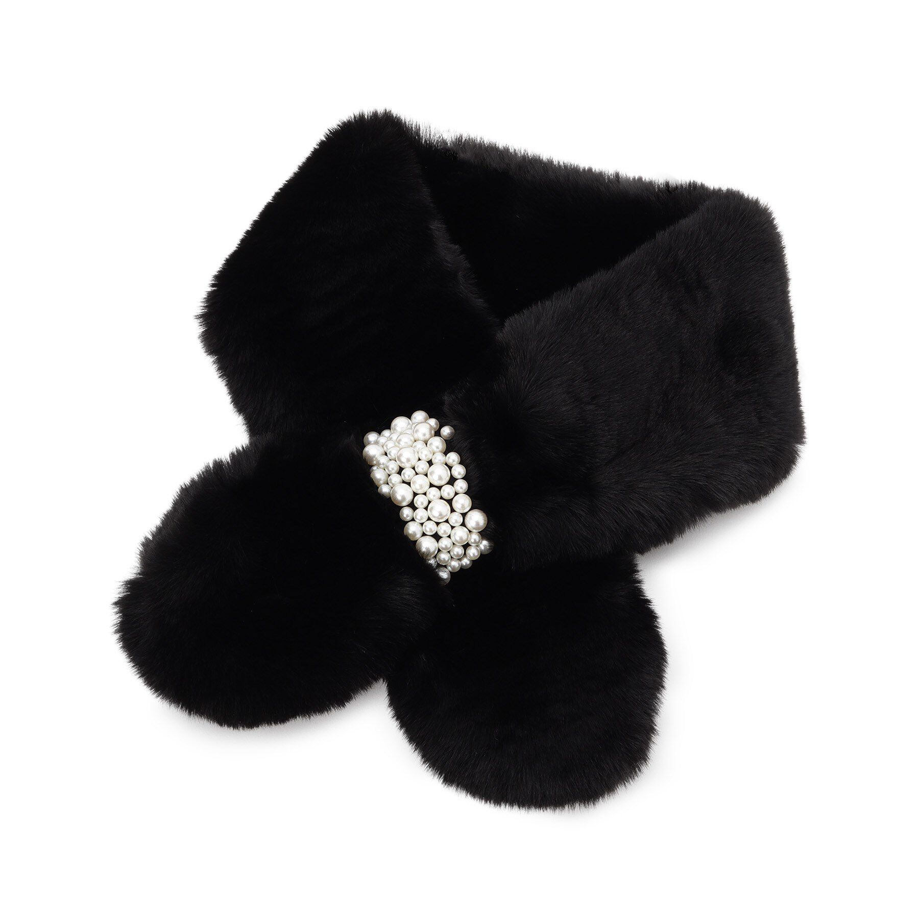 SHOO･LA･RUE「フェイクパール付きフェイクファーティペット」|ストール|ブラック(019)