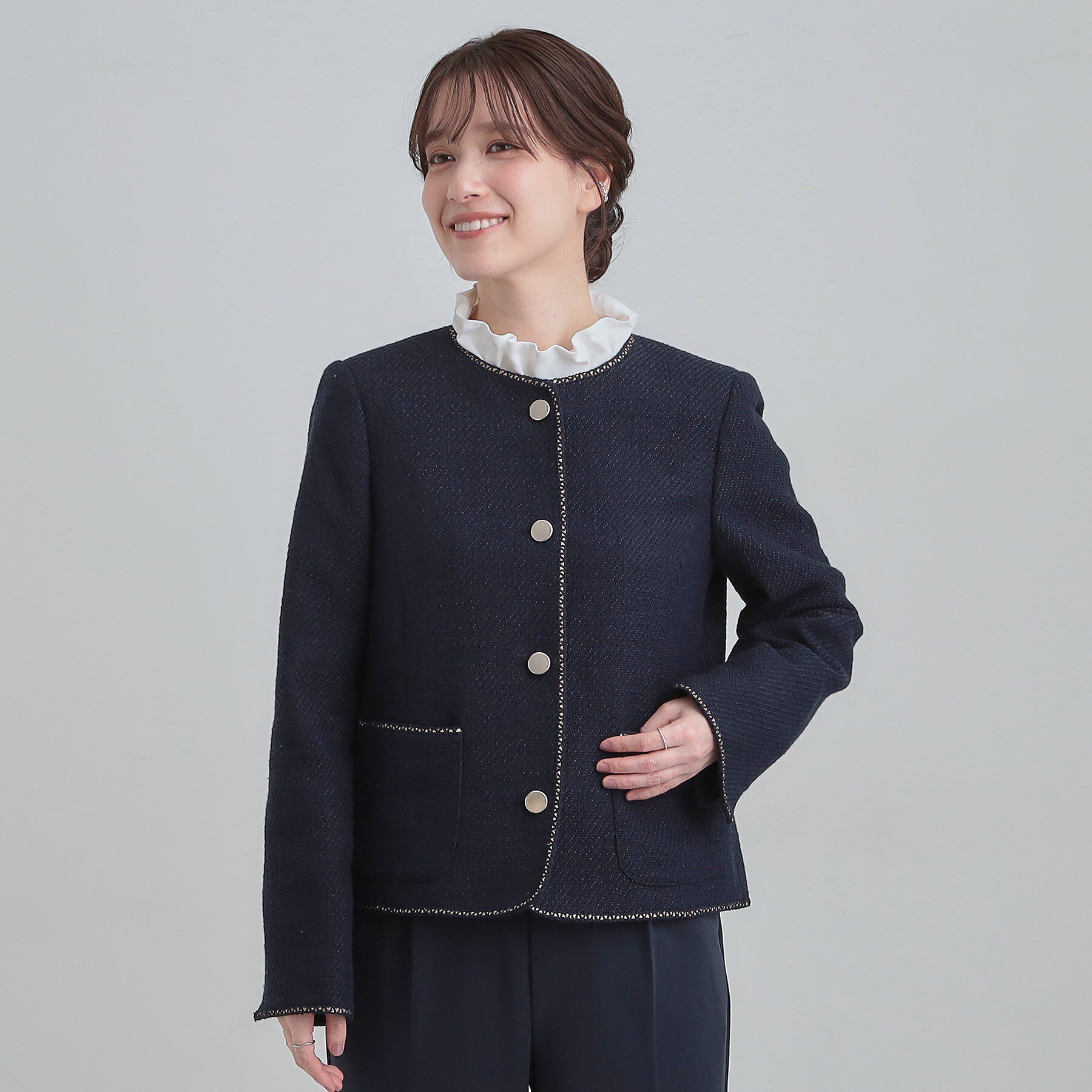 SHOO･LA･RUE「【S-3L】オンとオフで印象が変わる ライトツイードジャケット」|ノーカラージャケット|