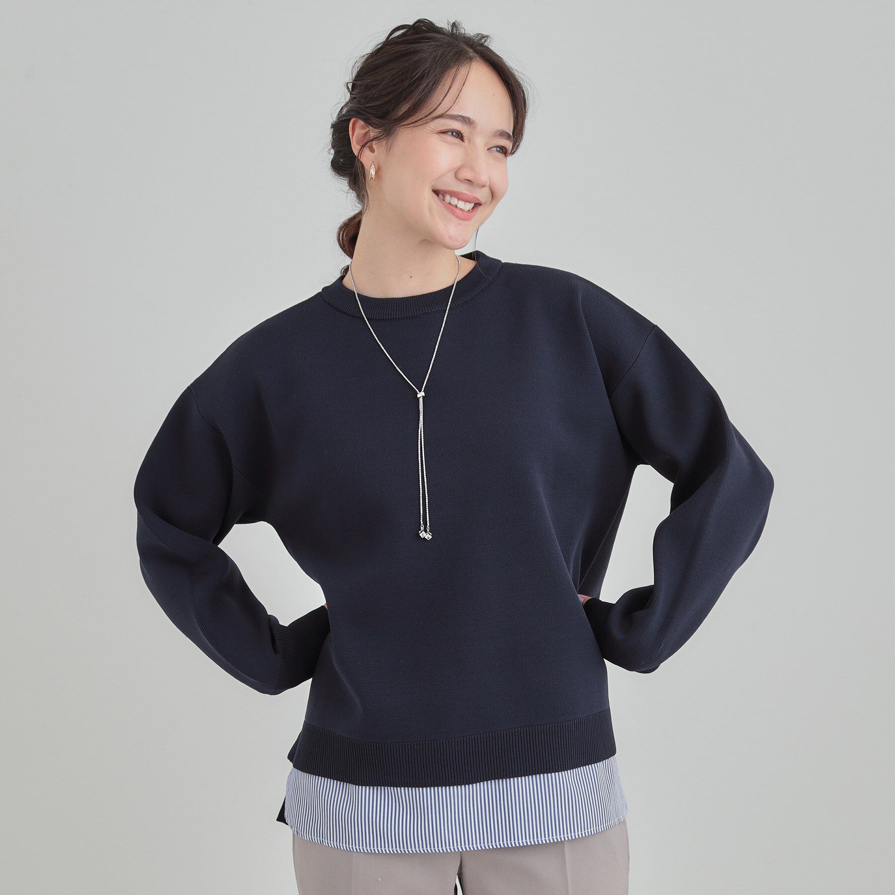 SHOO･LA･RUE「【高レビュー/洗濯機可/S-LL】さらに軽くなった スポンディッシュ裾フェイクトップス」|ニット・セーター|