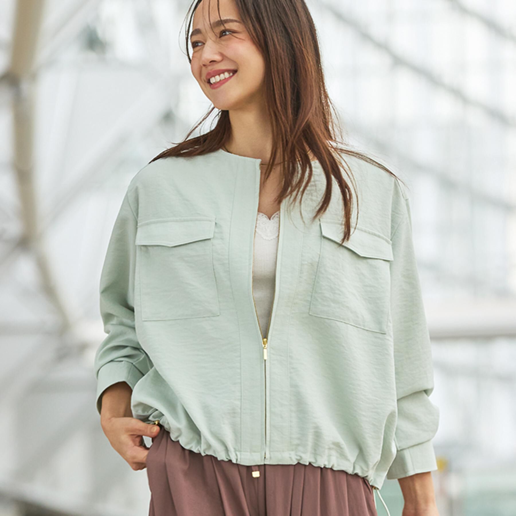 SHOO･LA･RUE「【S-LL】サッと羽織れてきれい見え　フラップポケット ノーカラーブルゾン」|ブルゾン・スタジャン|