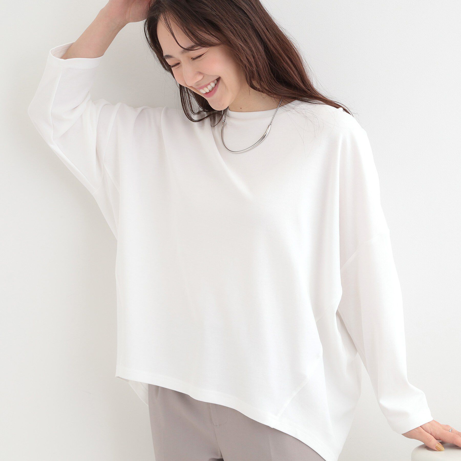 SHOO･LA･RUE「【洗濯機可/UV/綿100％】体型カバーが叶う 七分袖ゆるトップス」|Tシャツ・カットソー|ホワイト(001)