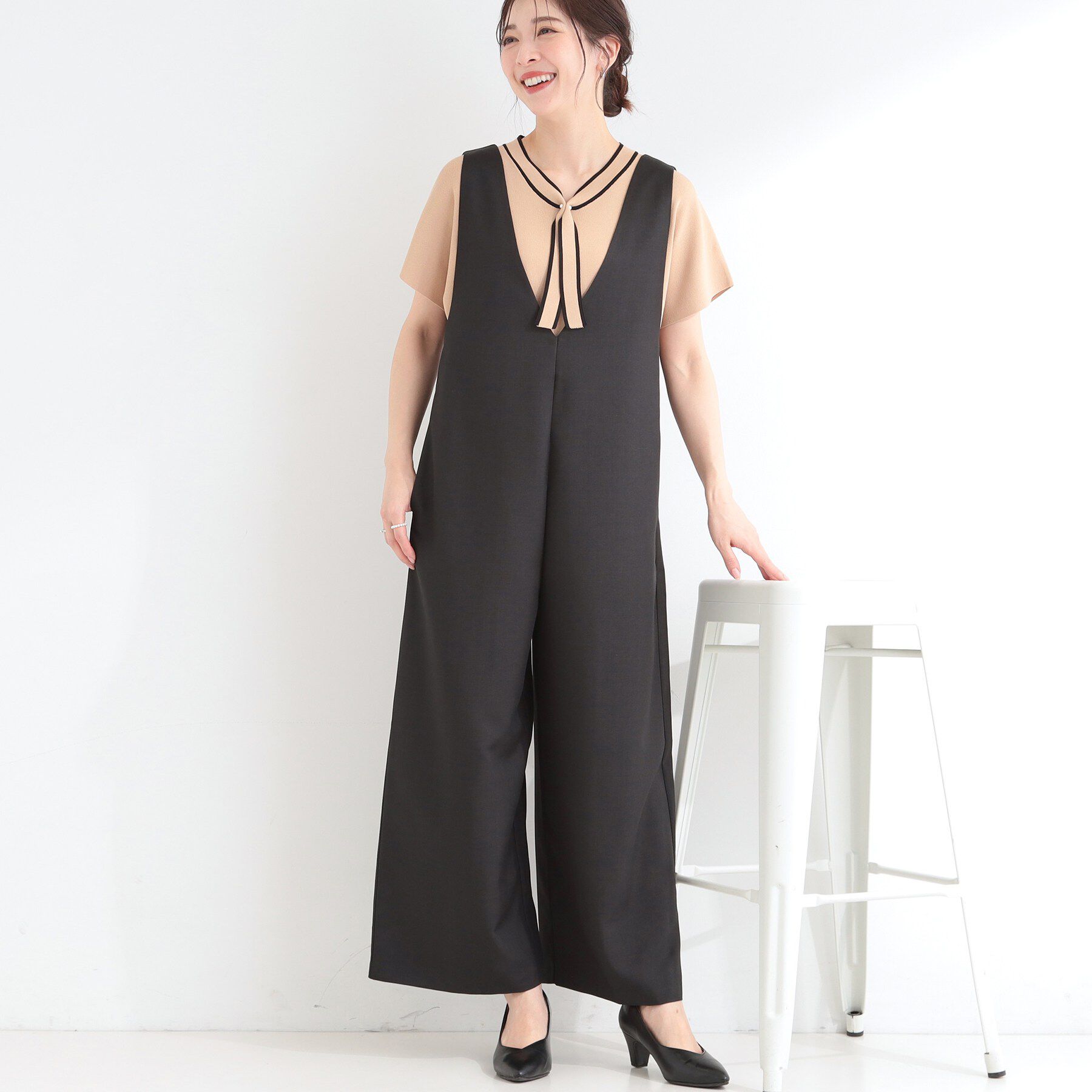 SHOO･LA･RUE「【洗濯後しわになりにくい/S-LL】ゆったりらくちんきれい見え　シンプルだから使いやすい 大人のオー」|オールインワン|ブラック(019)