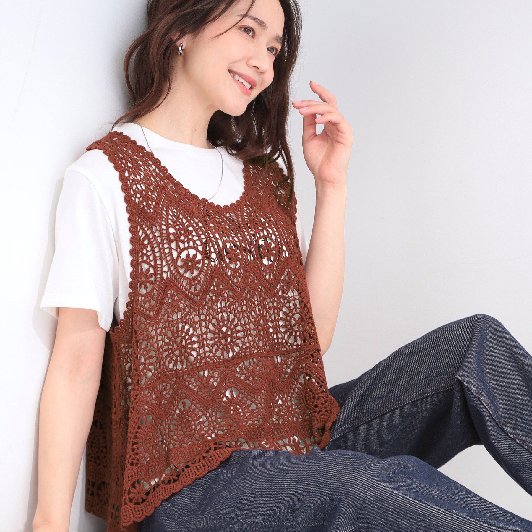 SHOO･LA･RUE「【2点セット/S-LL】クロシェベスト＋ロゴTシャツ」|その他|ボルドー(064)