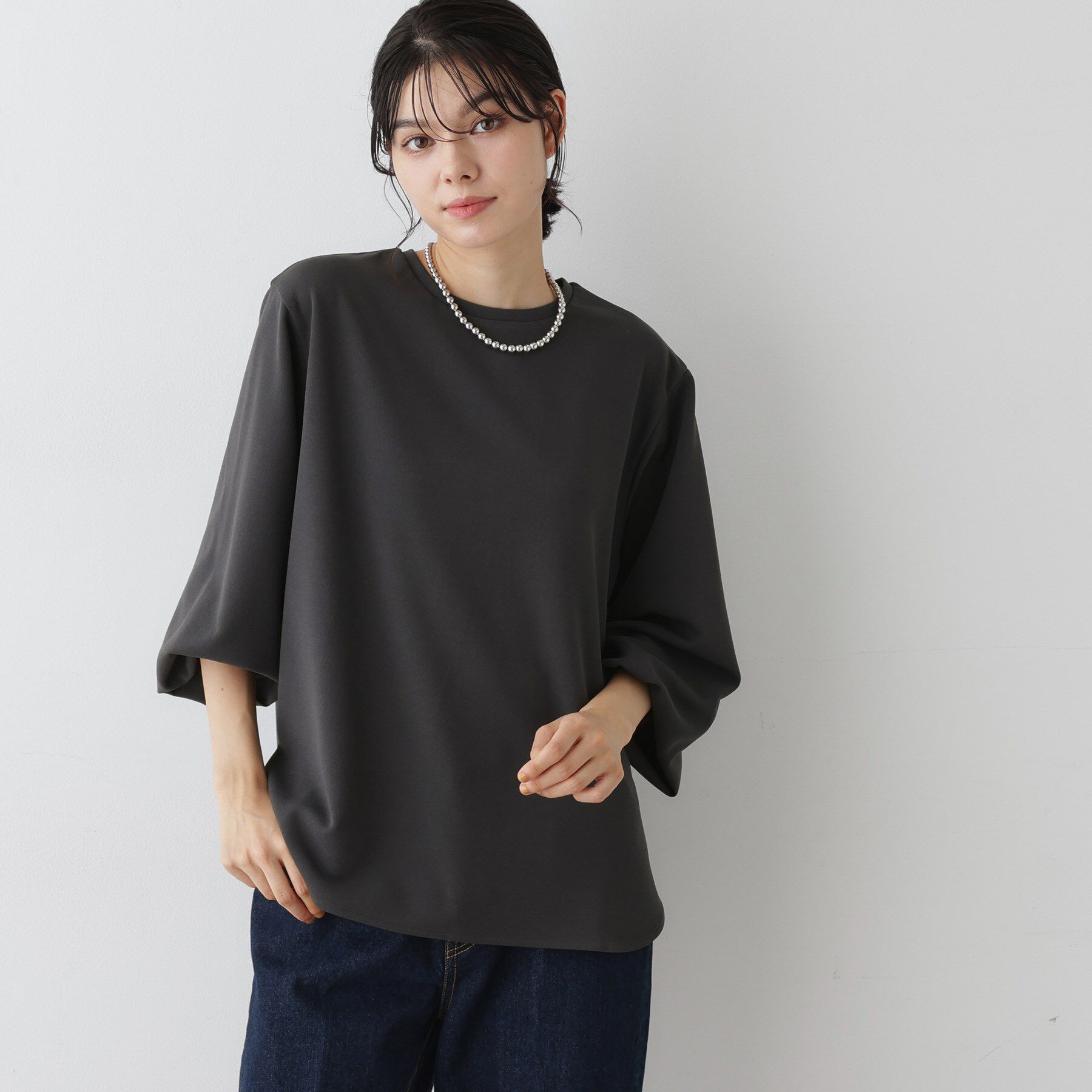 Dessin「【体型カバー・洗える】ドロップショルダーブラウス」|シャツ・ブラウス|チャコールグレー(0