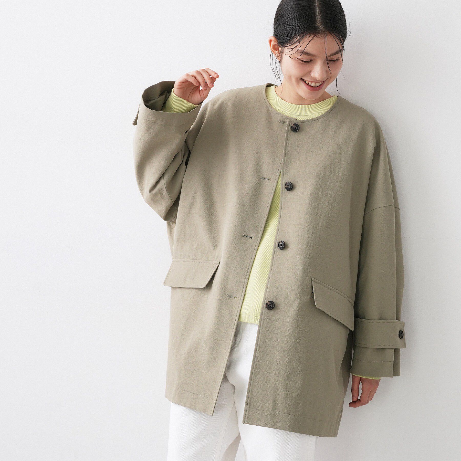 Dessin「【花粉ガード/撥水加工/洗える】クルーネックスプリングコート」|ノーカラーコート|