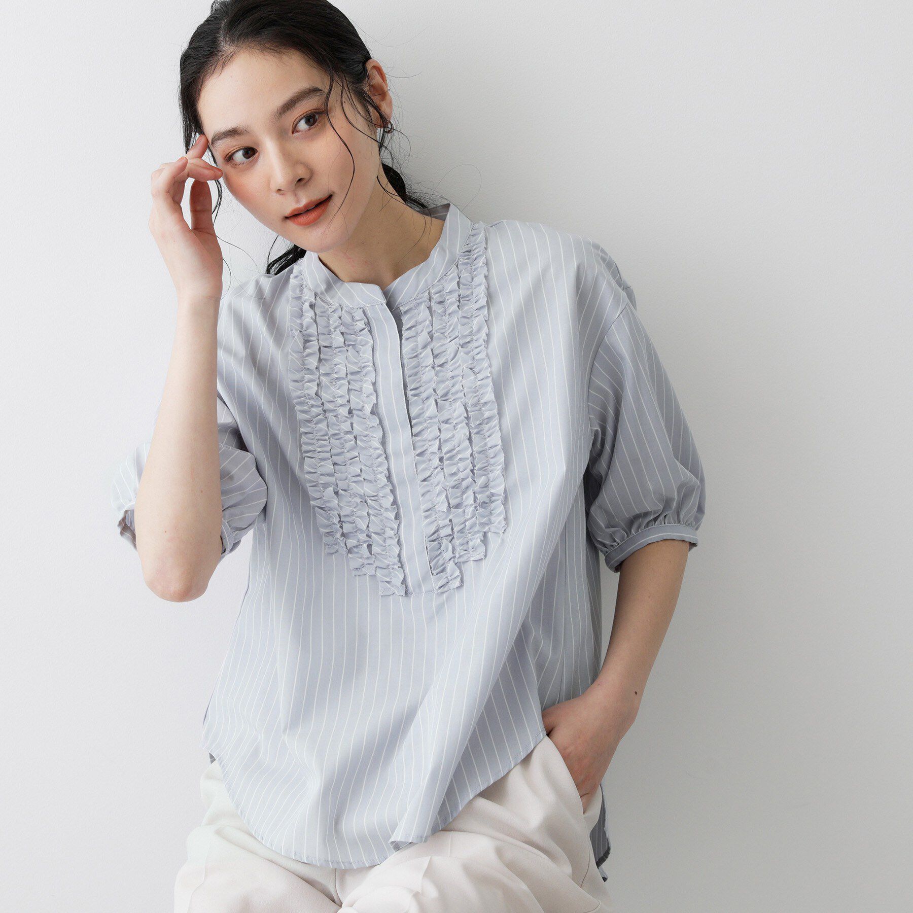 Dessin「【着映え/洗える】フロントフリル五分袖ブラウス」|シャツ・ブラウス|