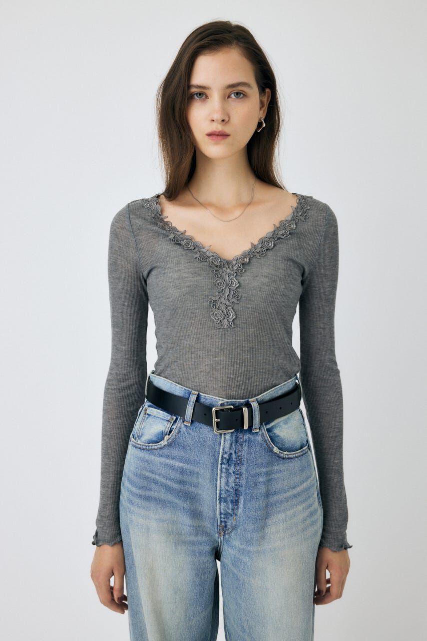 MOUSSY「LACE TRIM ロングスリーブ TEE」|Tシャツ・カットソー|
