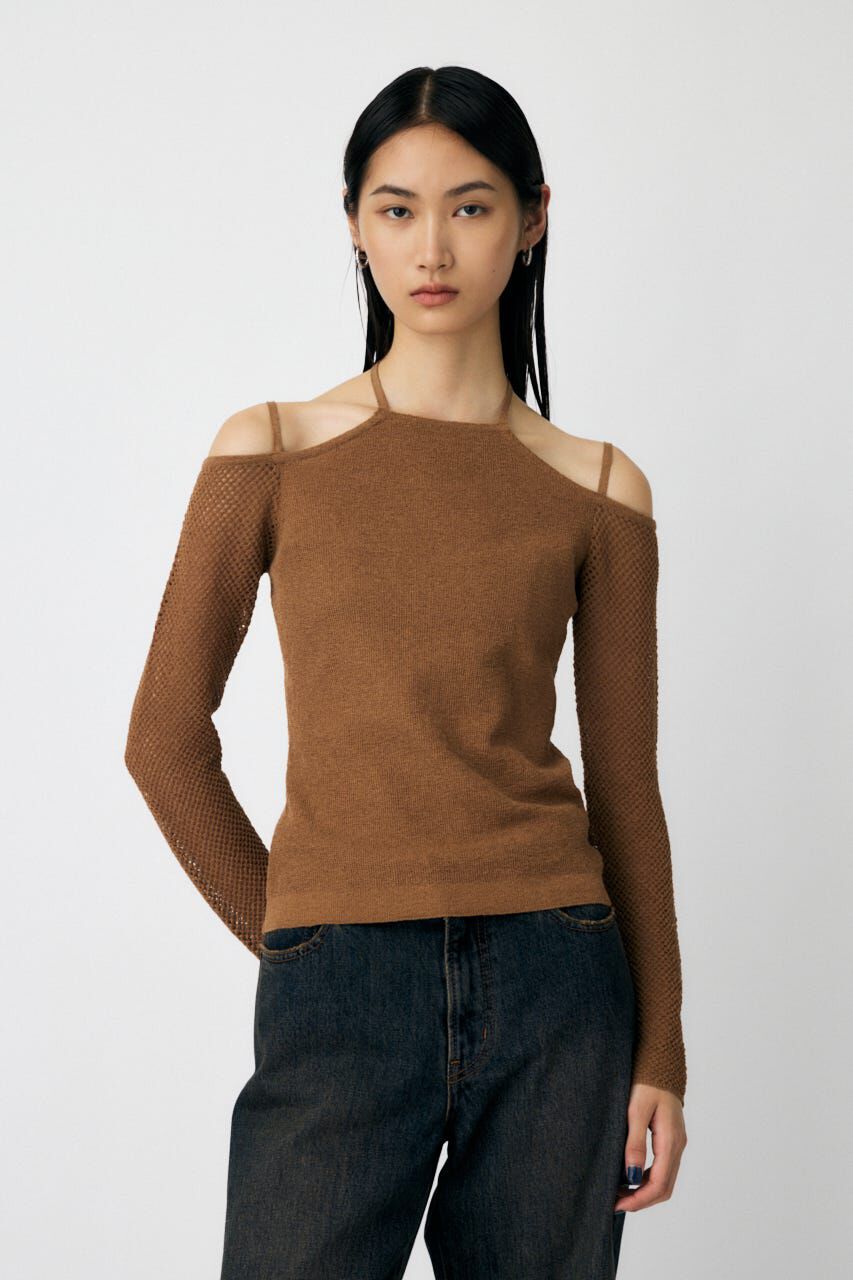 MOUSSY「OPEN SHOULDER HALTER ニットトップス」|ニット・セーター|BEG