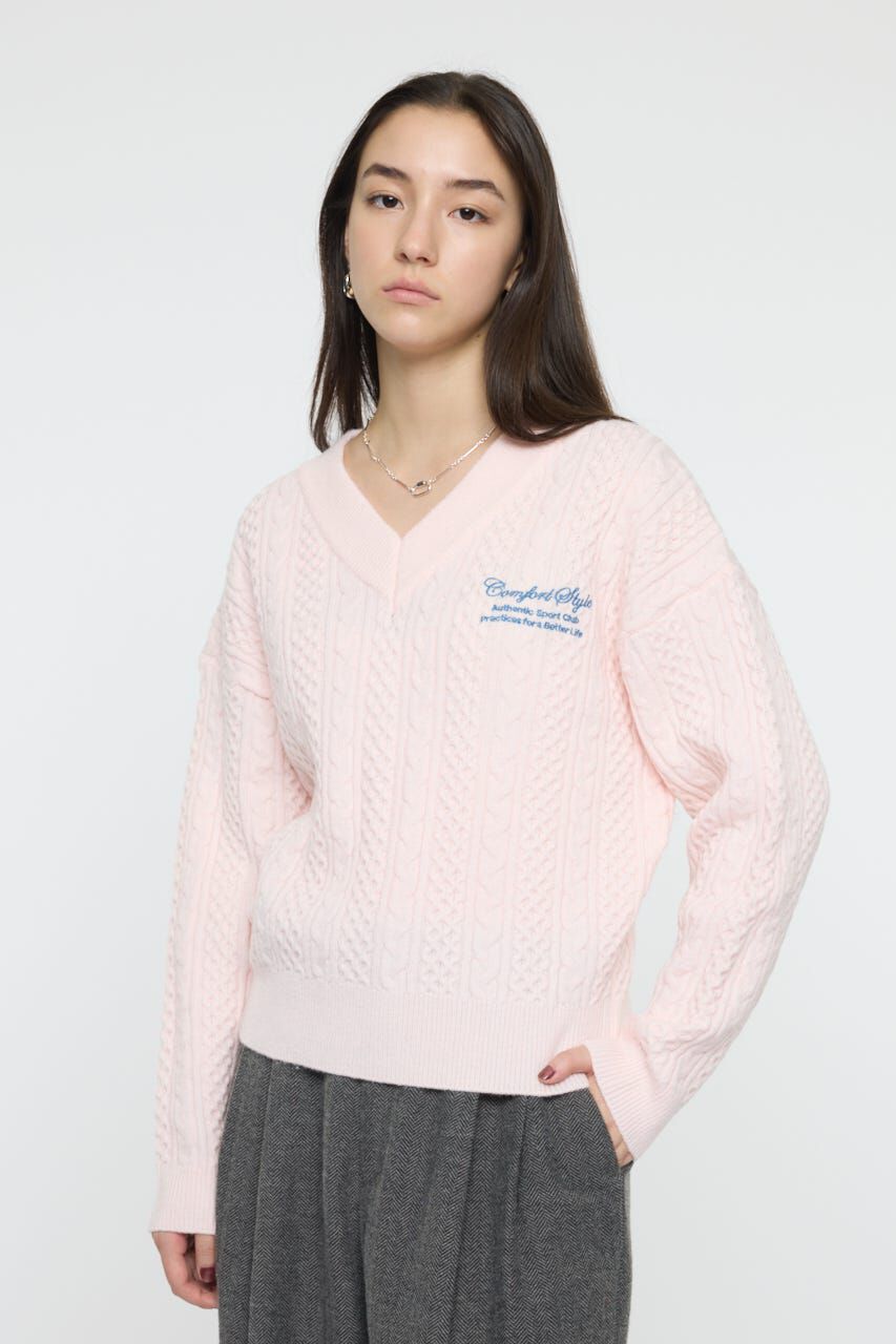 MOUSSY「CABLE V NECK ニット」|ニット・セーター|L/PNK1
