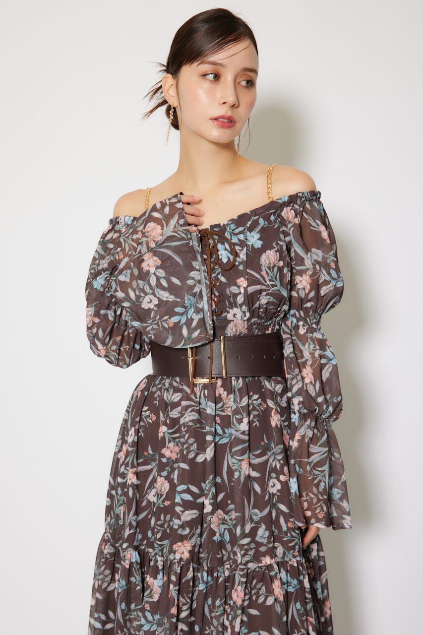 rienda「レースアップフラワーパターンフレアワンピース」|ワンピース|