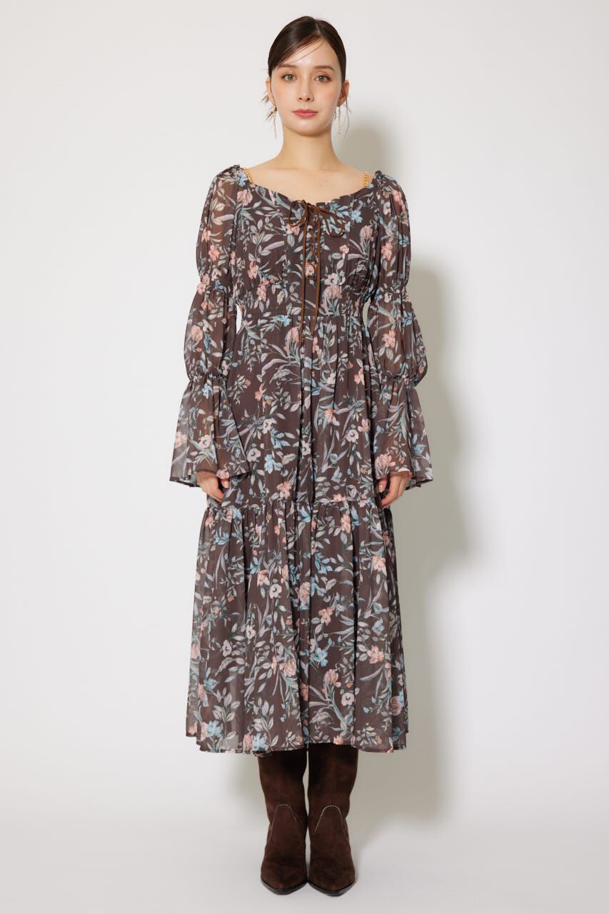 rienda「レースアップフラワーパターンフレアワンピース」|ワンピース|